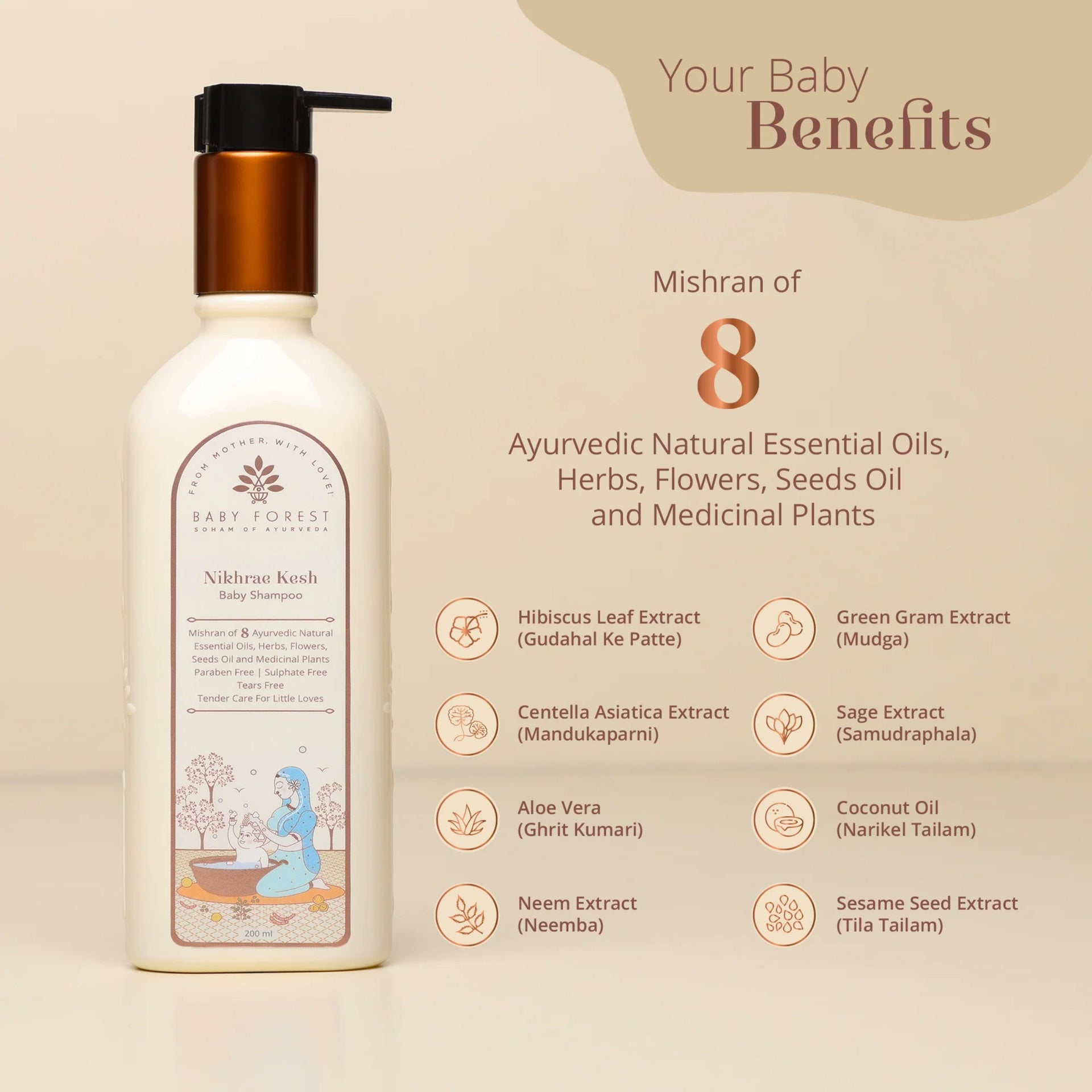 Baby Forest Nikhrae Kesh Baby Shampoo – Ayurvedic Tear-Free Shampoo with 8 Natural Herbs & Oils for Soft, Healthy Baby Hair (0+ Years)