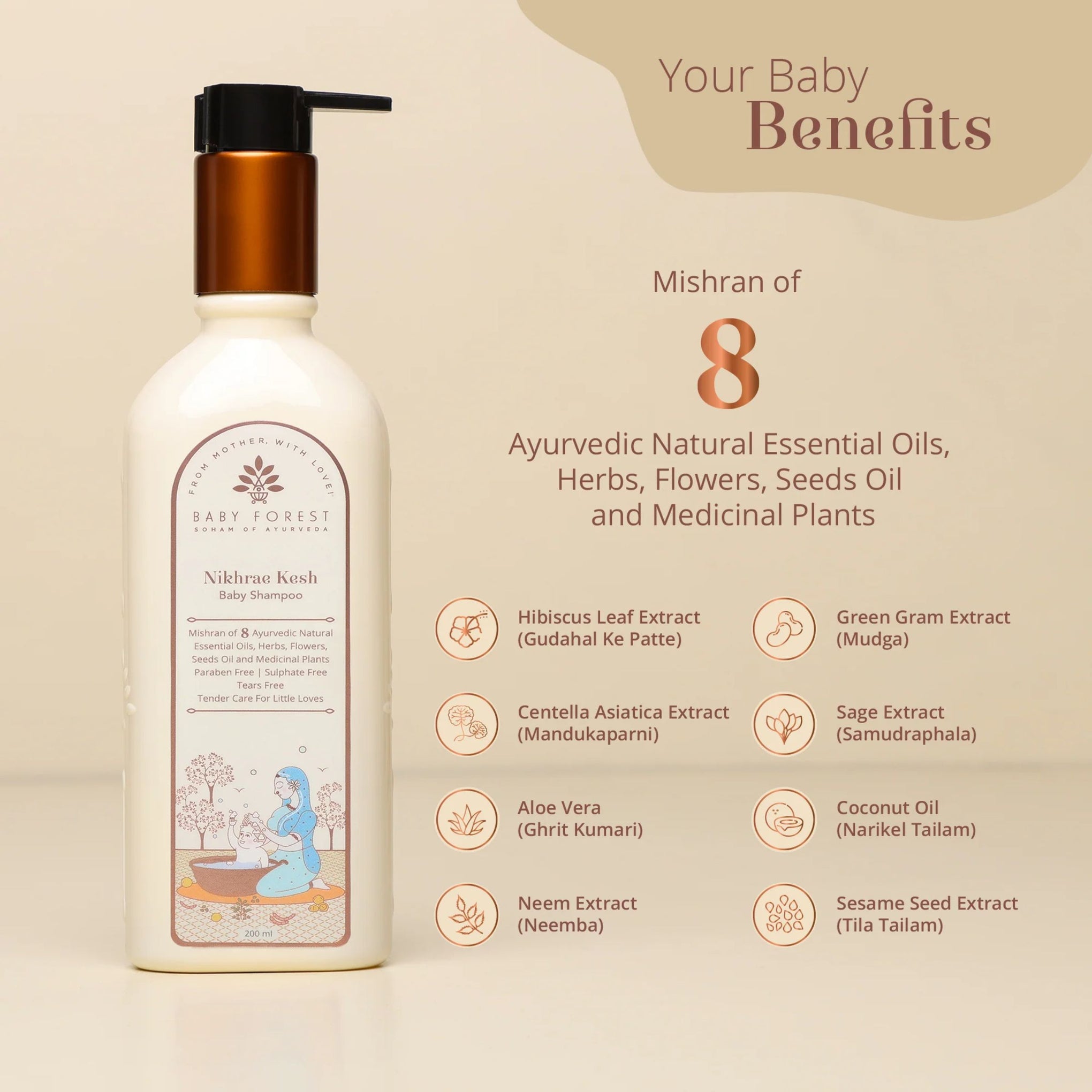 Baby Forest Nikhrae Kesh Baby Shampoo – Ayurvedic Tear-Free Shampoo with 8 Natural Herbs & Oils for Soft, Healthy Baby Hair (0+ Years)