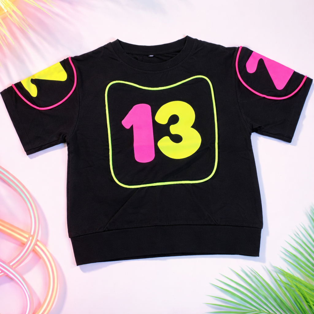 Smile Baby Girls Neon Graphic T-Shirt | Stylish Black Printed Kids Top (4–12Y)