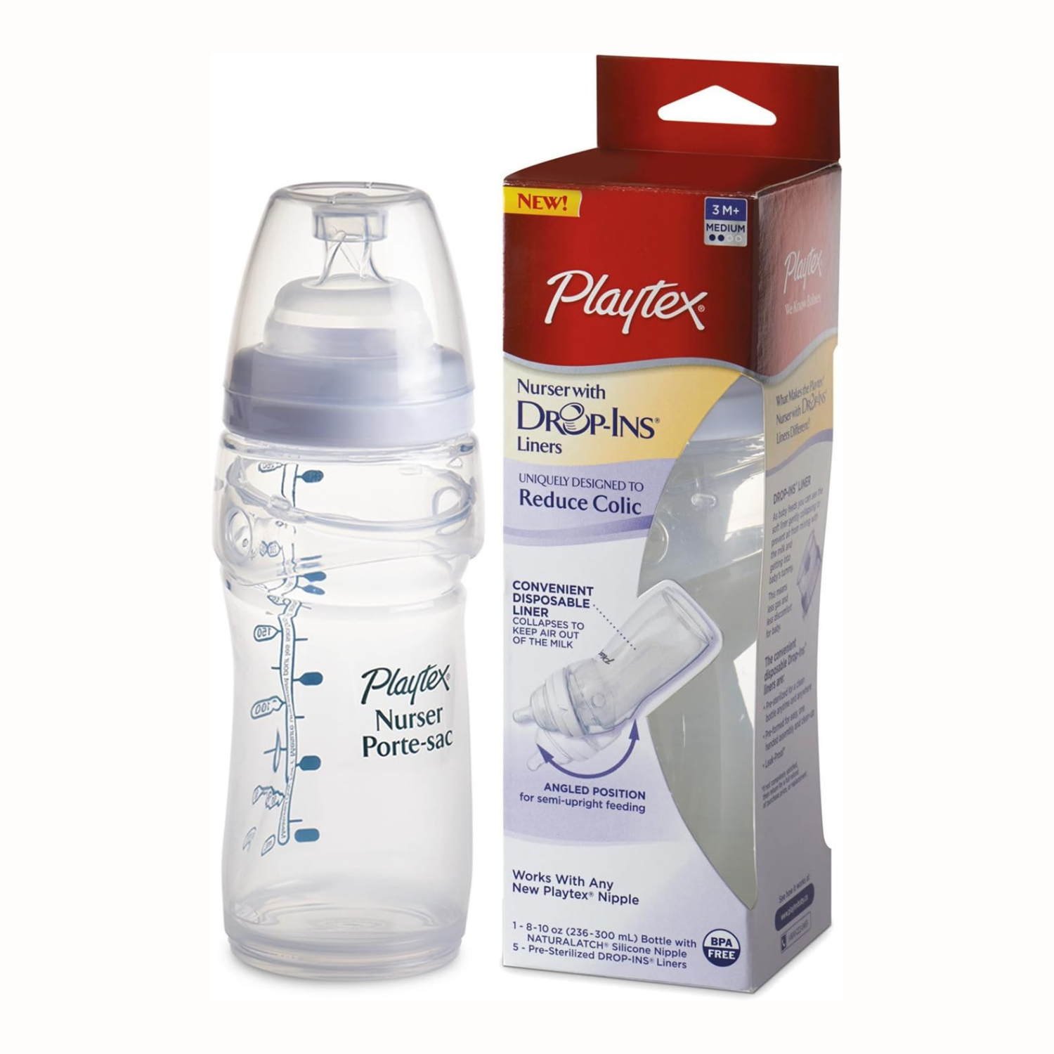 Playtex Drop-Ins Premium Nurser – Anti-Colic Baby Feeding Bottle with Disposable Liners