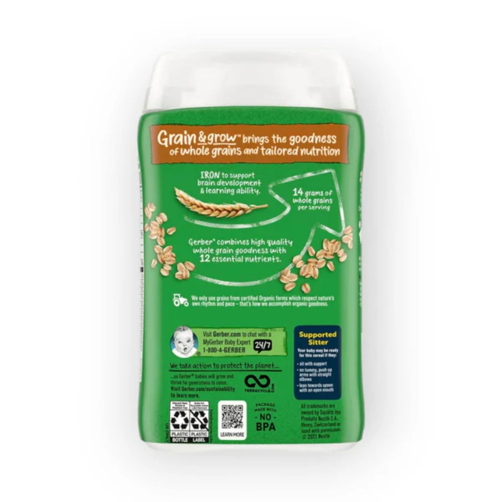 Gerber Organic for Baby Grain & Grow Oatmeal Cereal | USDA Certified Organic | Non-GMO | Iron & Whole Grains | 227g