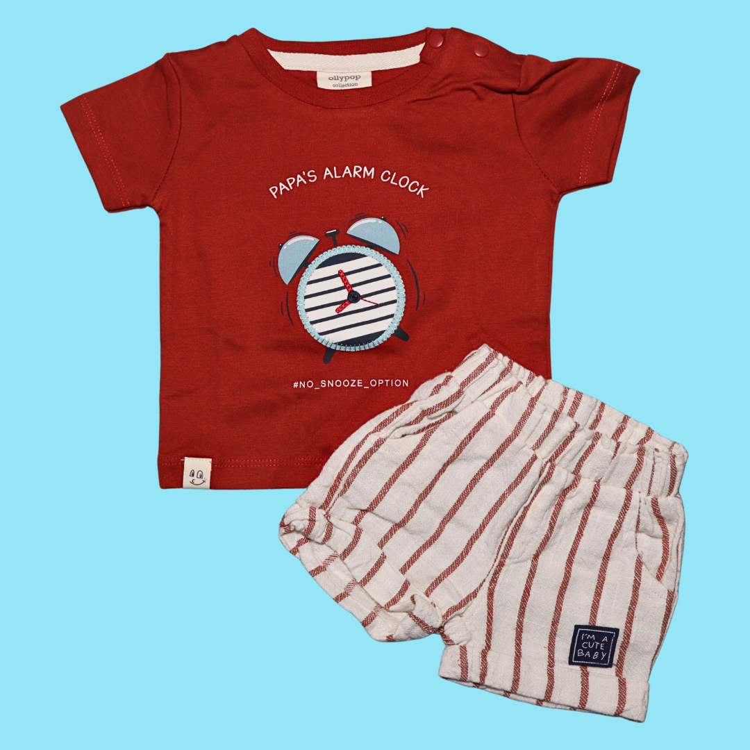 Ollypop Sinker Knit Half Sleeves T-Shirt & Shorts Set With the text Papa's Alarm Clock (GREEN / RUST)