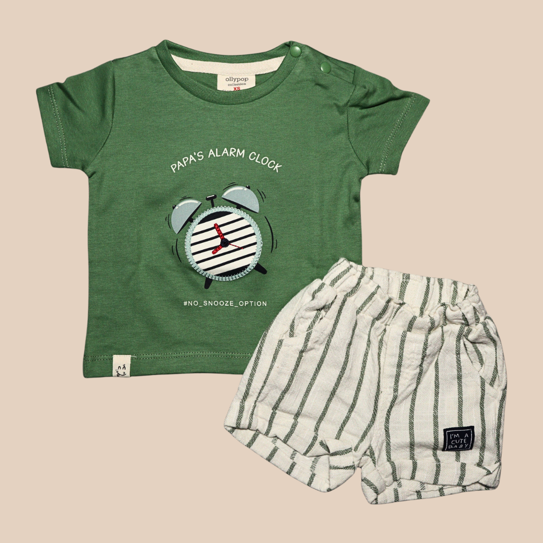Ollypop Sinker Knit Half Sleeves T-Shirt & Shorts Set With the text Papa's Alarm Clock (GREEN / RUST)