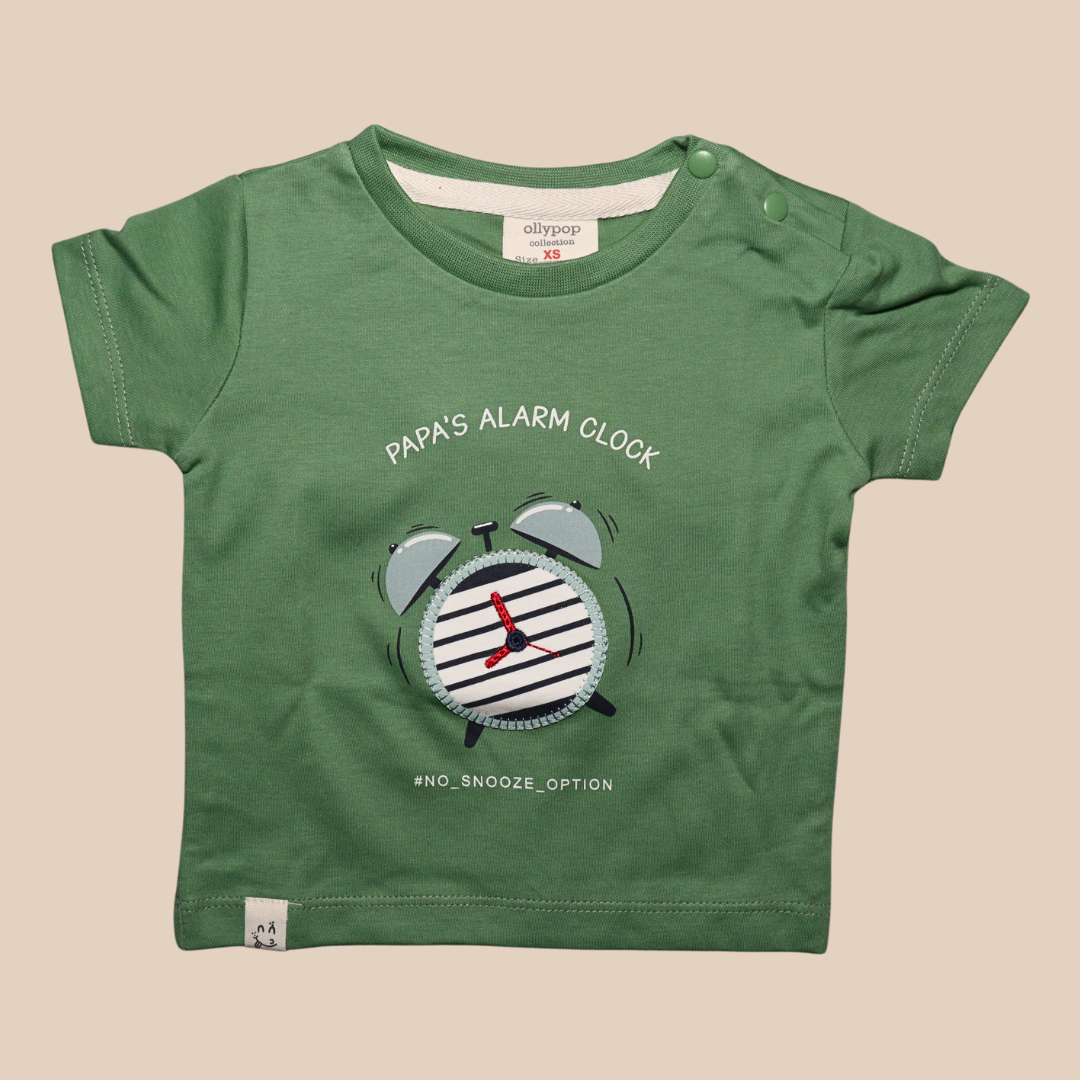 Ollypop Sinker Knit Half Sleeves T-Shirt & Shorts Set With the text Papa's Alarm Clock (GREEN / RUST)