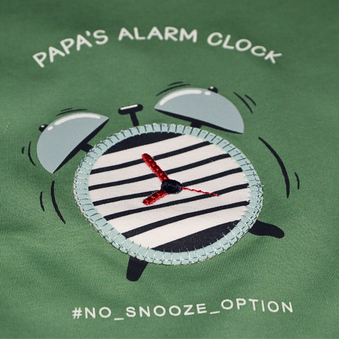 Ollypop Sinker Knit Half Sleeves T-Shirt & Shorts Set With the text Papa's Alarm Clock (GREEN / RUST)