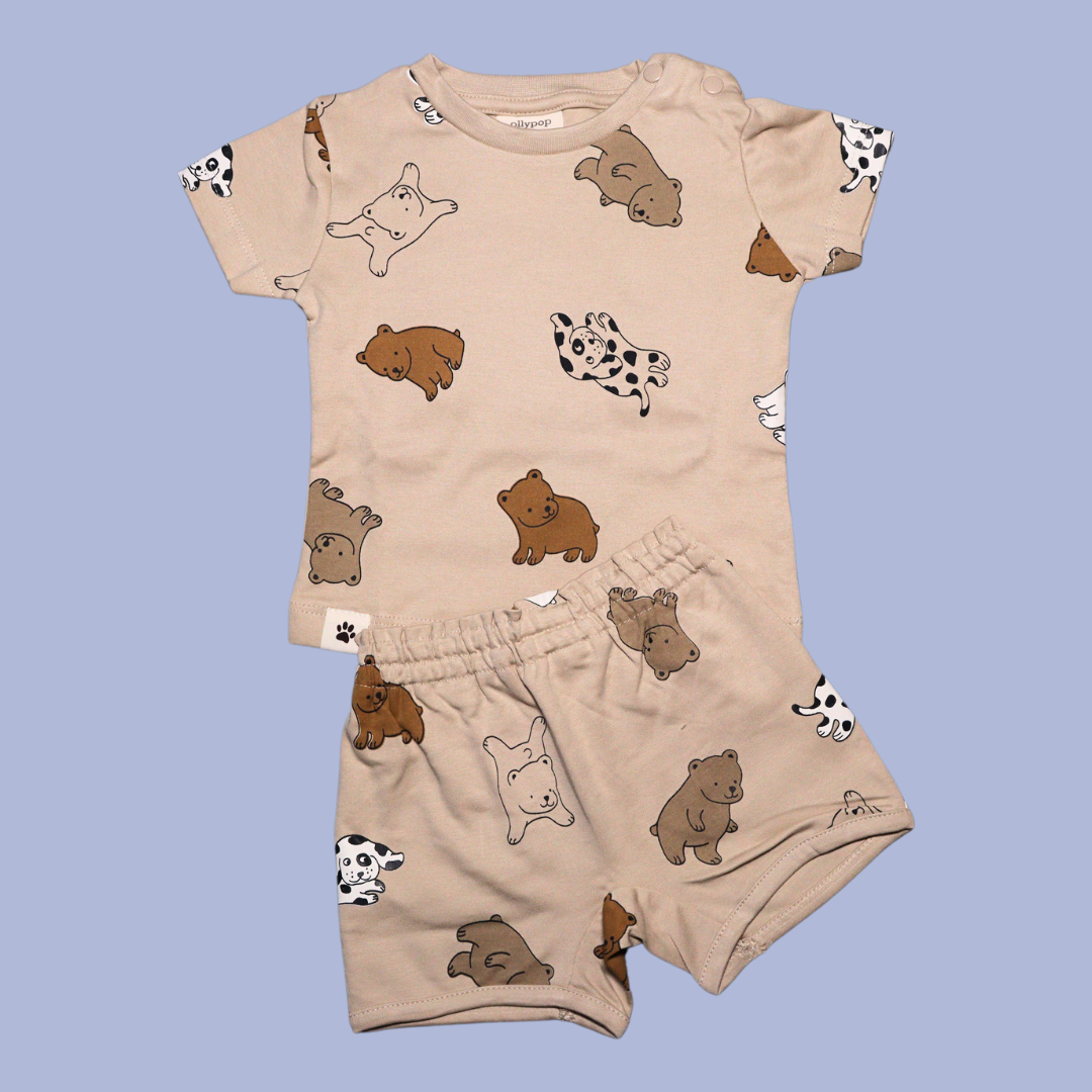 Ollypop Sinker Knit Half Sleeves T-Shirt & Shorts Set With the bear illustrations Print (BROWN / PEACH)