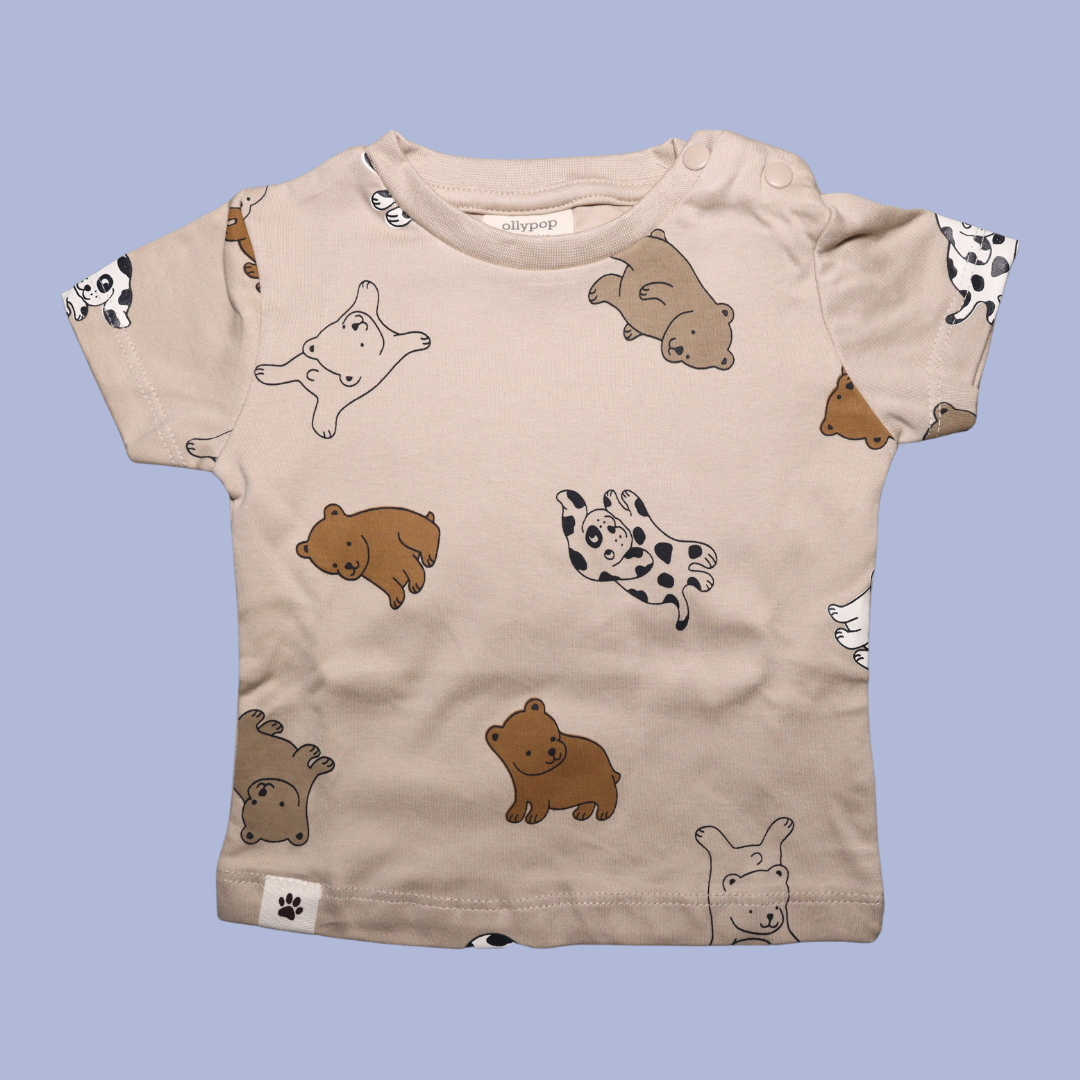 Ollypop Sinker Knit Half Sleeves T-Shirt & Shorts Set With the bear illustrations Print (BROWN / PEACH)