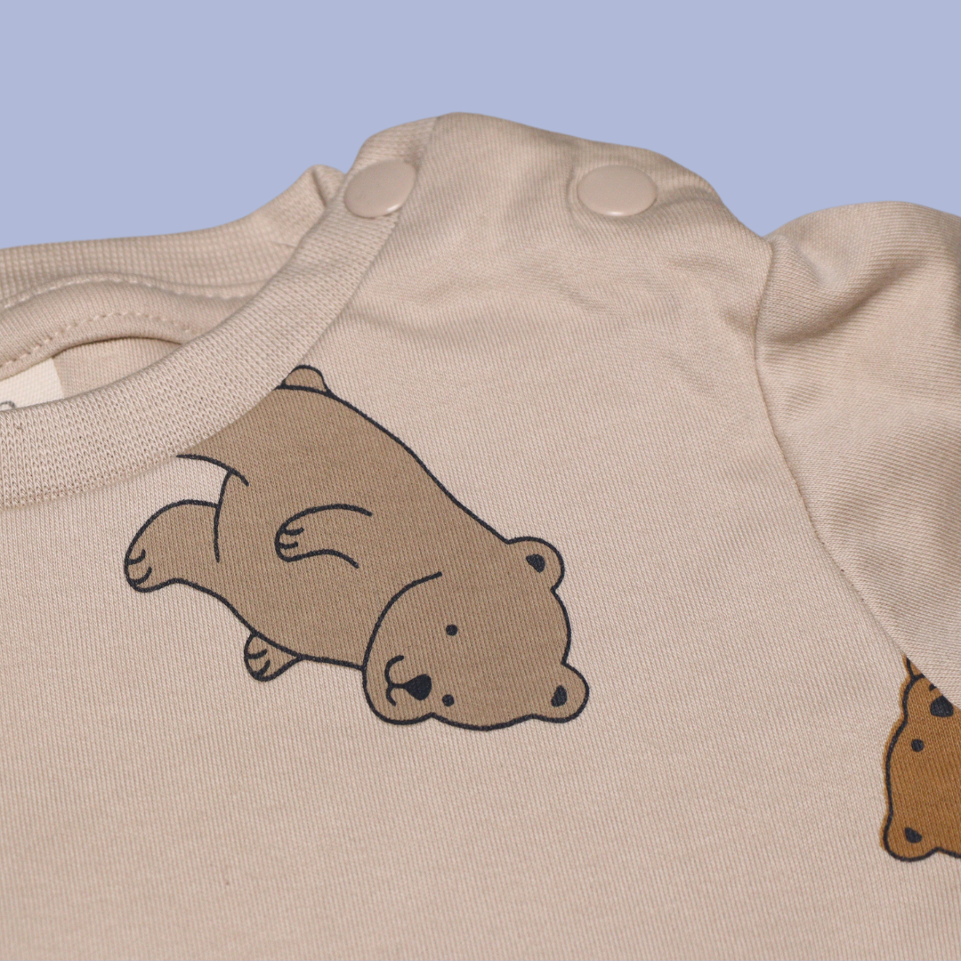 Ollypop Sinker Knit Half Sleeves T-Shirt & Shorts Set With the bear illustrations Print (BROWN / PEACH)
