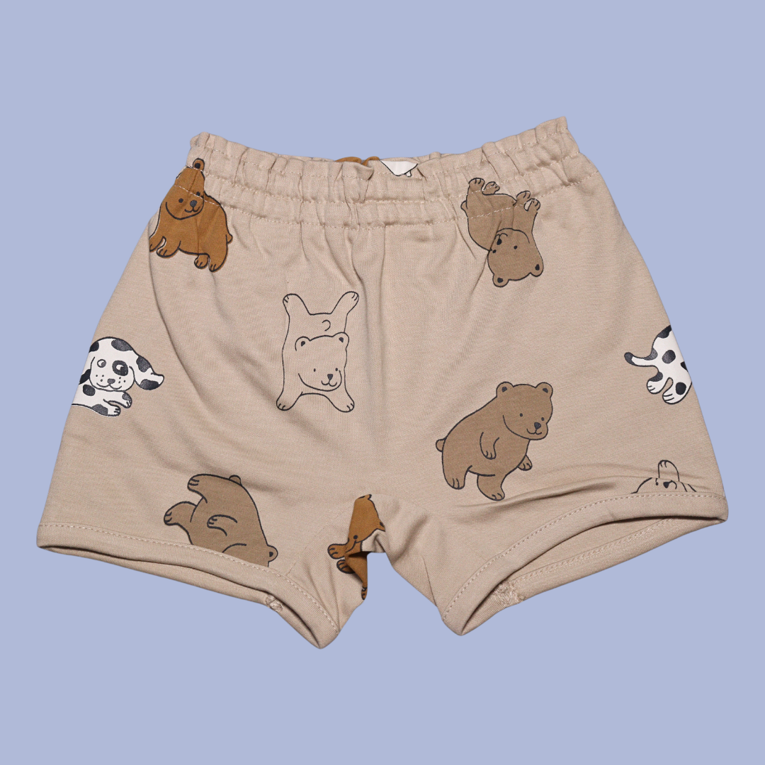 Ollypop Sinker Knit Half Sleeves T-Shirt & Shorts Set With the bear illustrations Print (BROWN / PEACH)