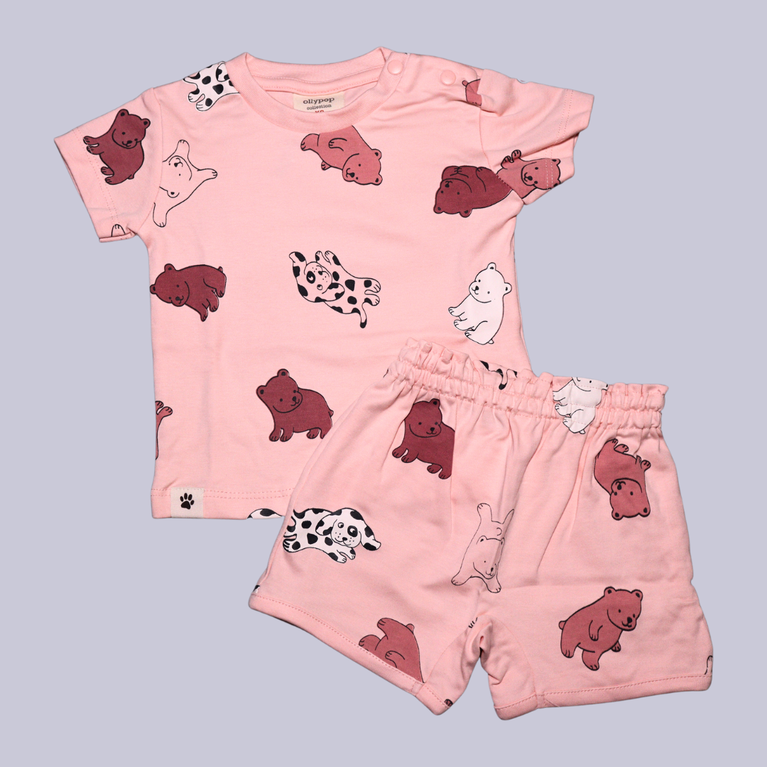 Ollypop Sinker Knit Half Sleeves T-Shirt & Shorts Set With the bear illustrations Print (BROWN / PEACH)