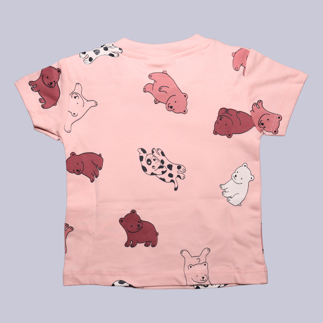 Ollypop Sinker Knit Half Sleeves T-Shirt & Shorts Set With the bear illustrations Print (BROWN / PEACH)