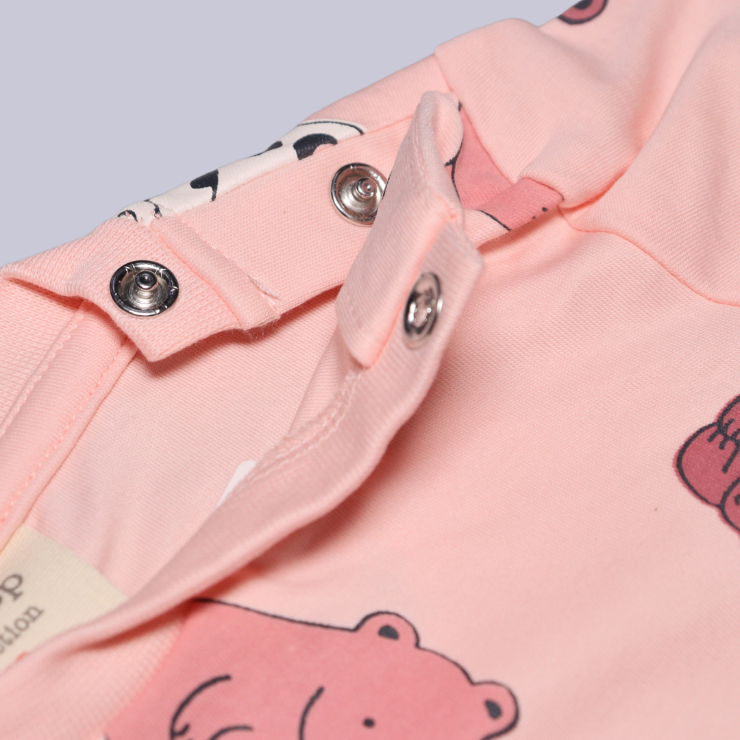 Ollypop Sinker Knit Half Sleeves T-Shirt & Shorts Set With the bear illustrations Print (BROWN / PEACH)