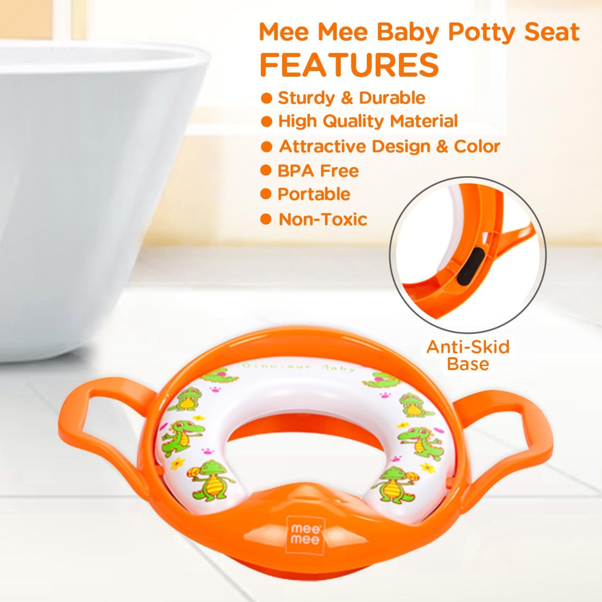 Mee Mee Soft coushioned Portable Baby Potty seat for Toilet Training | Easy Grip Support Handles ORANGE COLORE