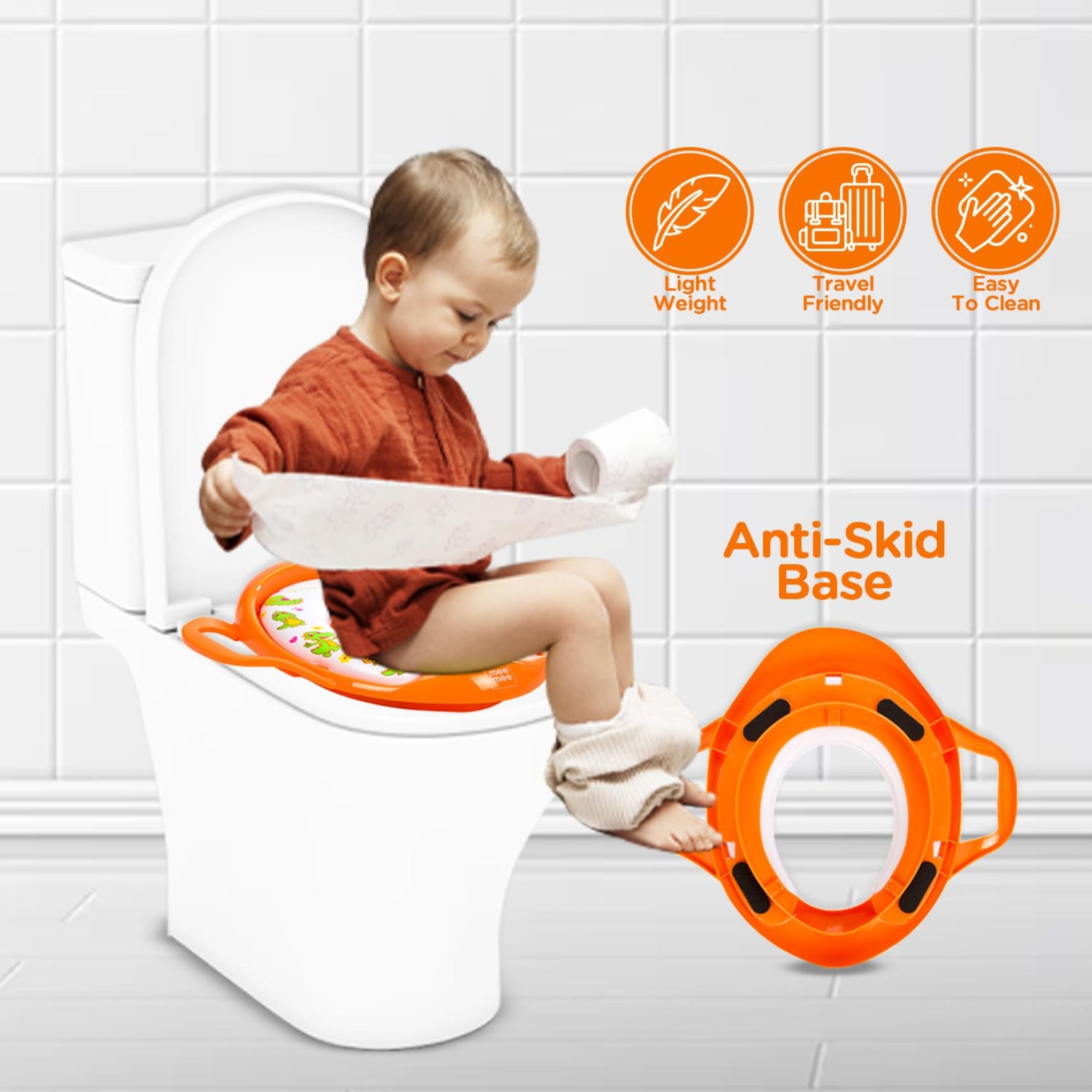 Mee Mee Soft coushioned Portable Baby Potty seat for Toilet Training | Easy Grip Support Handles ORANGE COLORE
