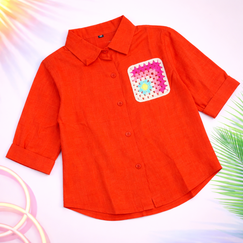 Smile Baby Girls Linen Shirt with Crochet Pocket Patch | Stylish Kids Casual Shirt (4–12Y)