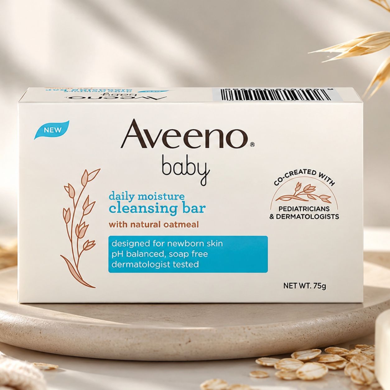Aveeno Baby Daily Moisture Cleansing Bar with Natural Oatmeal | Gentle Soap-Free Baby Bath Bar for Newborns & Sensitive Skin (75g)