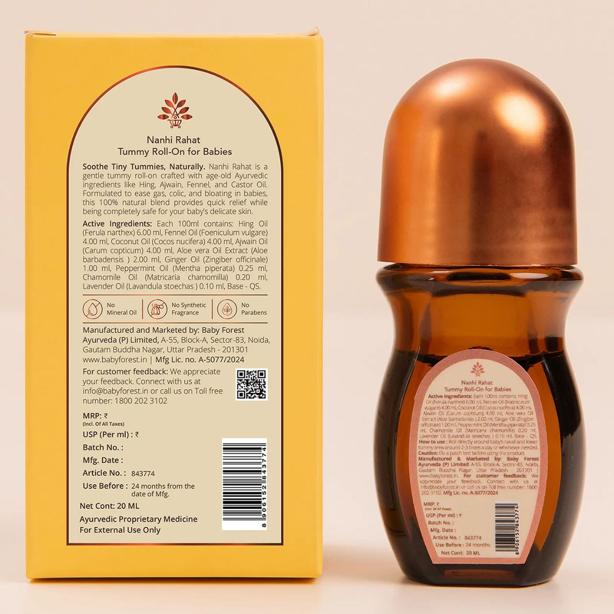 Baby Forest Nanhi Rahat Tummy Roll-On for Babies | Ayurvedic Relief from Gas, Colic & Bloating | Hing, Ajwain & Saunf Oils | 20ml