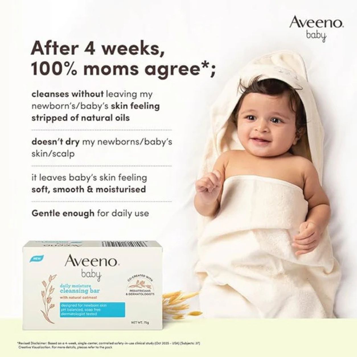 Aveeno Baby Daily Moisture Cleansing Bar with Natural Oatmeal | Gentle Soap-Free Baby Bath Bar for Newborns & Sensitive Skin (75g)