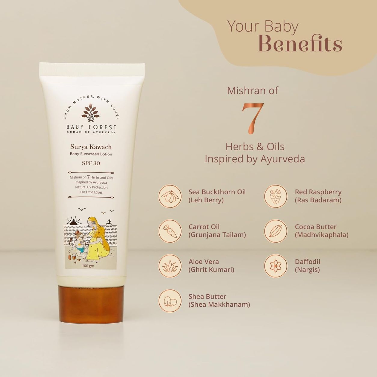 Baby Forest Surya Kawach Baby Sunscreen Lotion SPF 30 | Ayurvedic Sun Protection for Babies & Kids | 100g | Baby sunscreen SPF 30