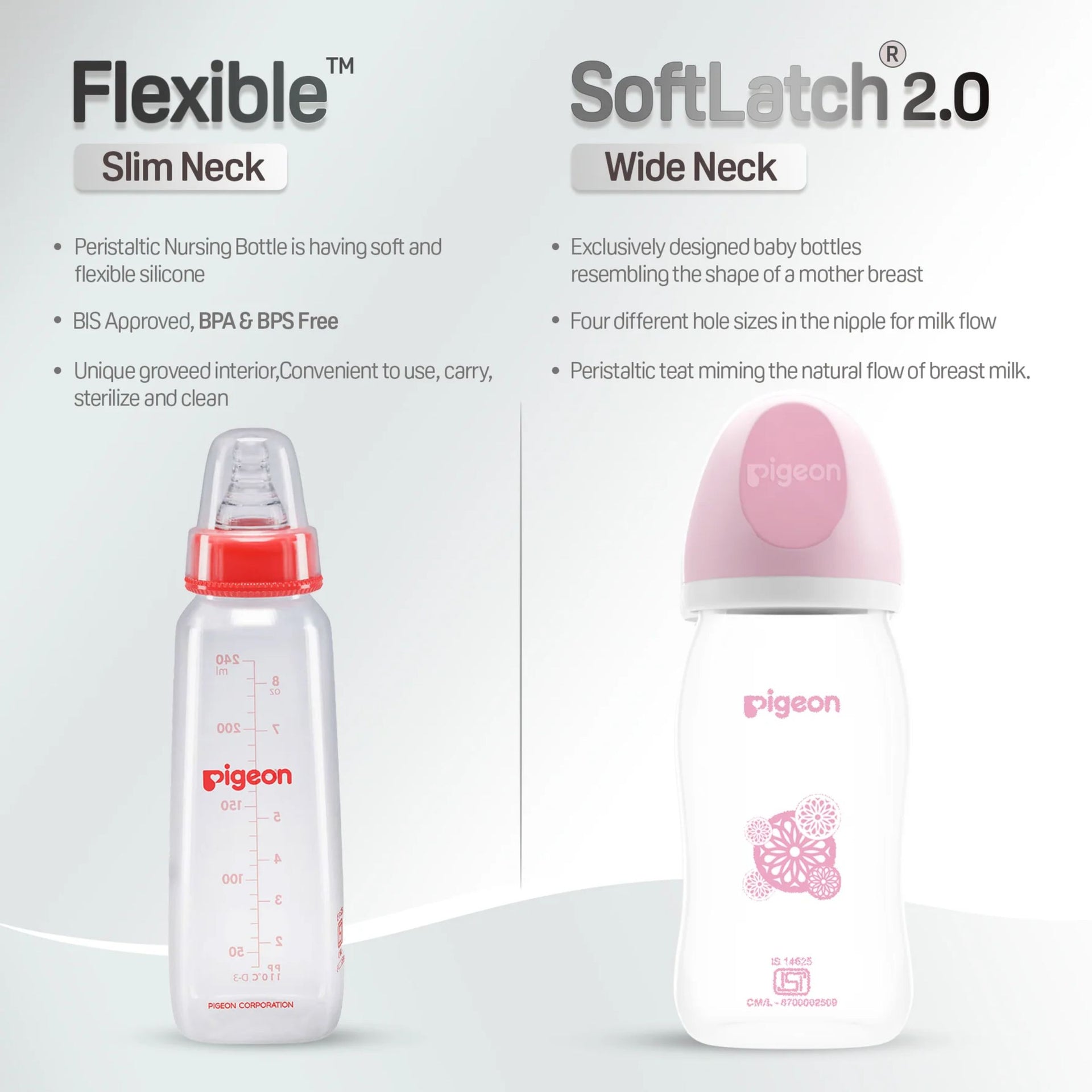 PIGEON Softouch Anti Colic System Nursing Feeding Bottle With White Cap 240 ml & 160ML  | PINK , BLUE , CREAM COLORS