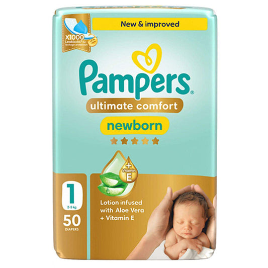 Pampers Ultimate Comfort Taped Diapers, Size 1, 2-5kg, Lotion infused with Aloe Vera and Vitamin E, x1000 Leak Locks Technology for Leakage Protection, MIP, 50 Count