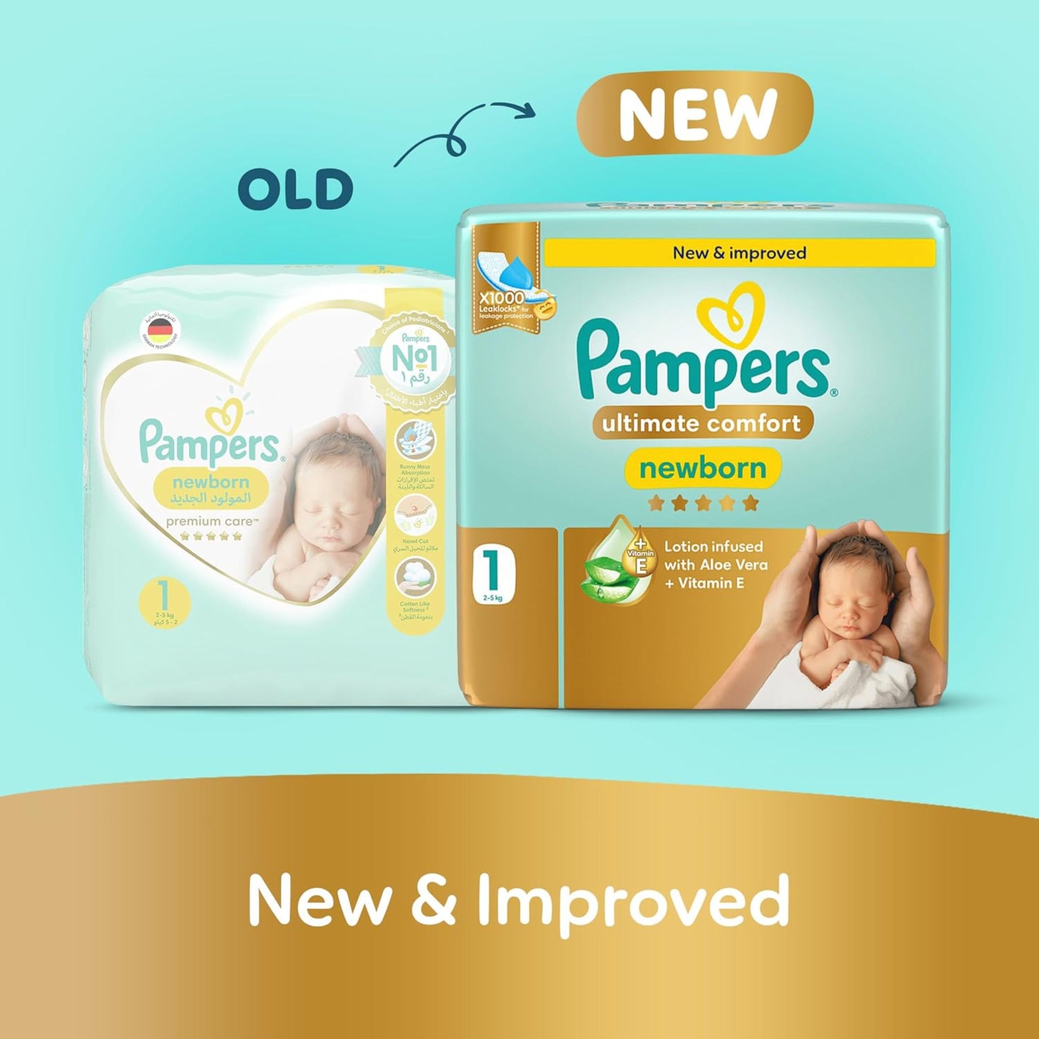 Pampers Ultimate Comfort Taped Diapers, Size 1, 2-5kg, Lotion infused with Aloe Vera and Vitamin E, x1000 Leak Locks Technology for Leakage Protection, MIP, 50 Count
