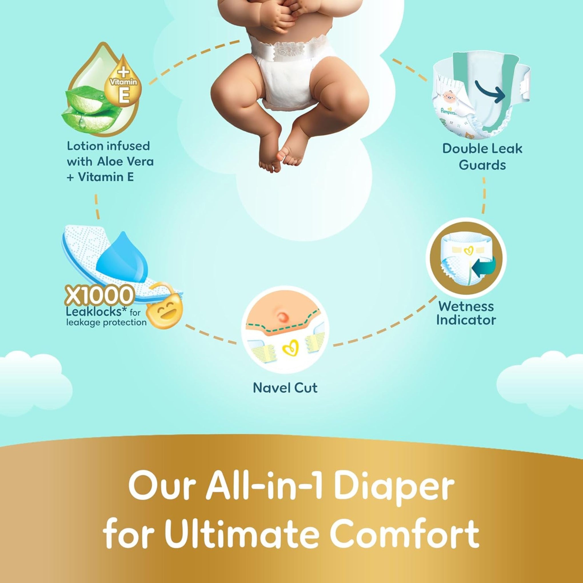 Pampers Ultimate Comfort Taped Diapers, Size 1, 2-5kg, Lotion infused with Aloe Vera and Vitamin E, x1000 Leak Locks Technology for Leakage Protection, MIP, 50 Count