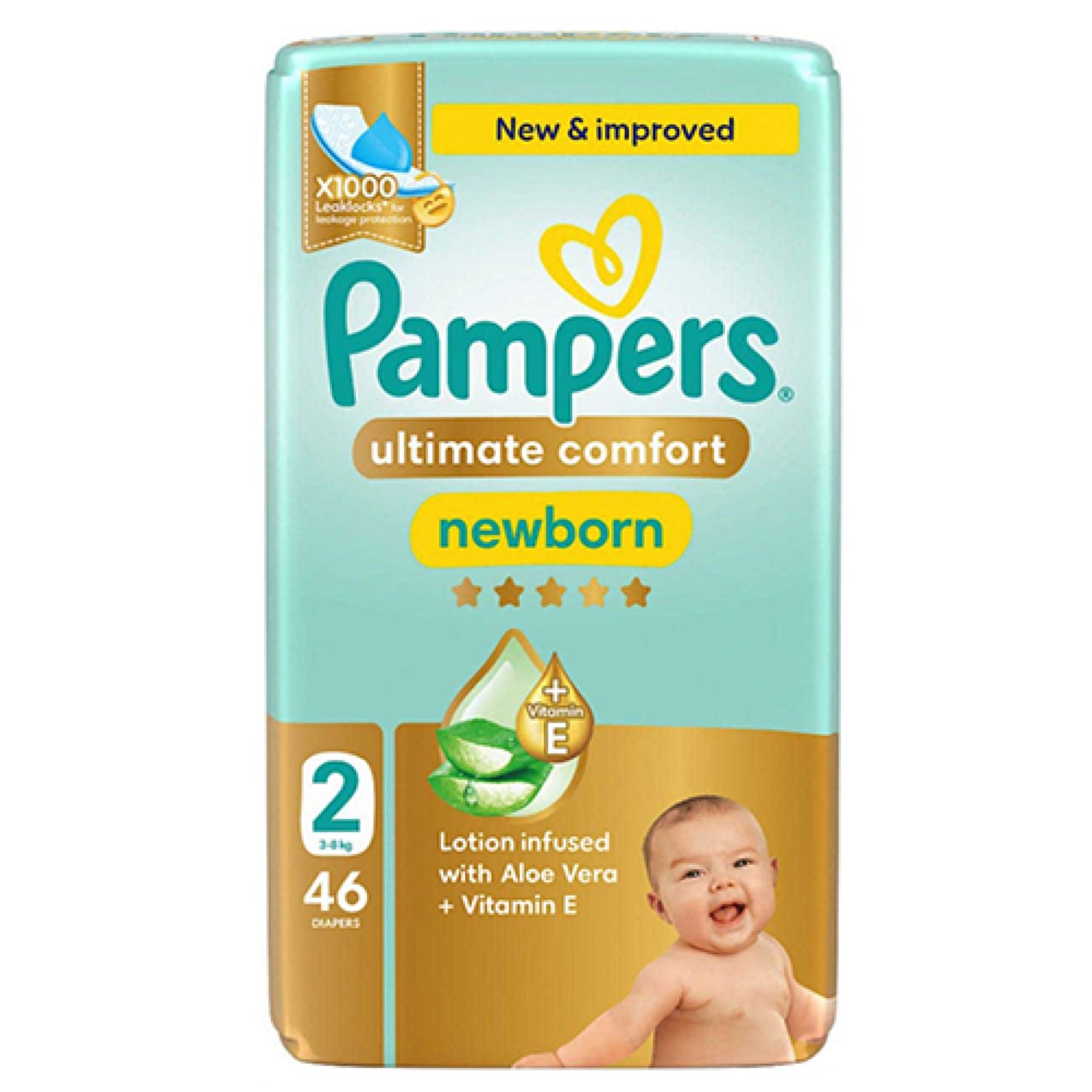 Pampers Ultimate Comfort Taped Diapers, Size 2, 3-8kg, Lotion infused with Aloe Vera and Vitamin E, x1000 Leak Locks Technology for Leakage Protection, MIP, 46 Count