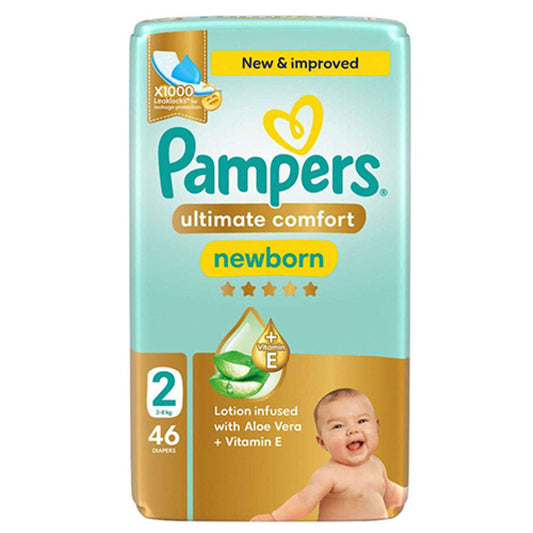 Pampers Ultimate Comfort Taped Diapers, Size 2, 3-8kg, Lotion infused with Aloe Vera and Vitamin E, x1000 Leak Locks Technology for Leakage Protection, MIP, 46 Count