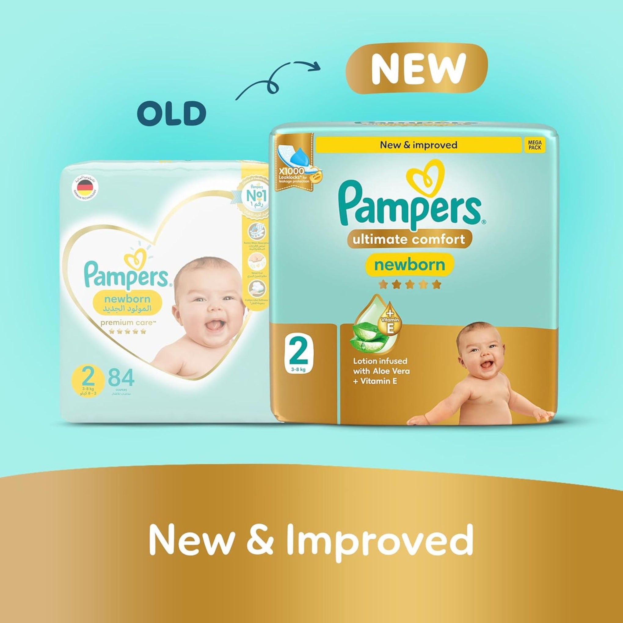 Pampers Ultimate Comfort Taped Diapers, Size 2, 3-8kg, Lotion infused with Aloe Vera and Vitamin E, x1000 Leak Locks Technology for Leakage Protection, MIP, 46 Count