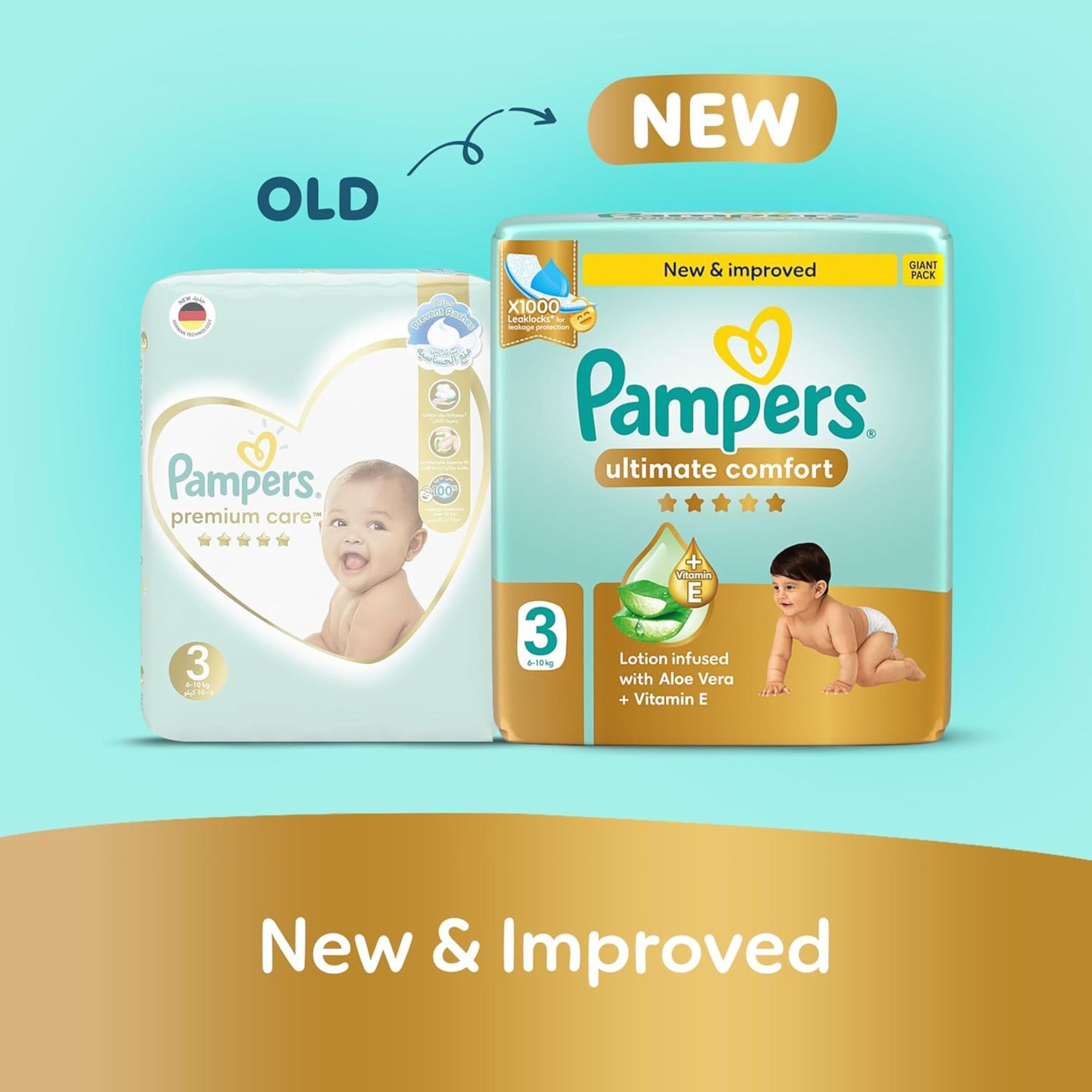 Pampers Ultimate Comfort Taped Diapers, Size 3, 6-10kg, Lotion infused with Aloe Vera and Vitamin E, x1000 Leak Locks Technology for Leakage Protection, Mega Pack, 62 Count