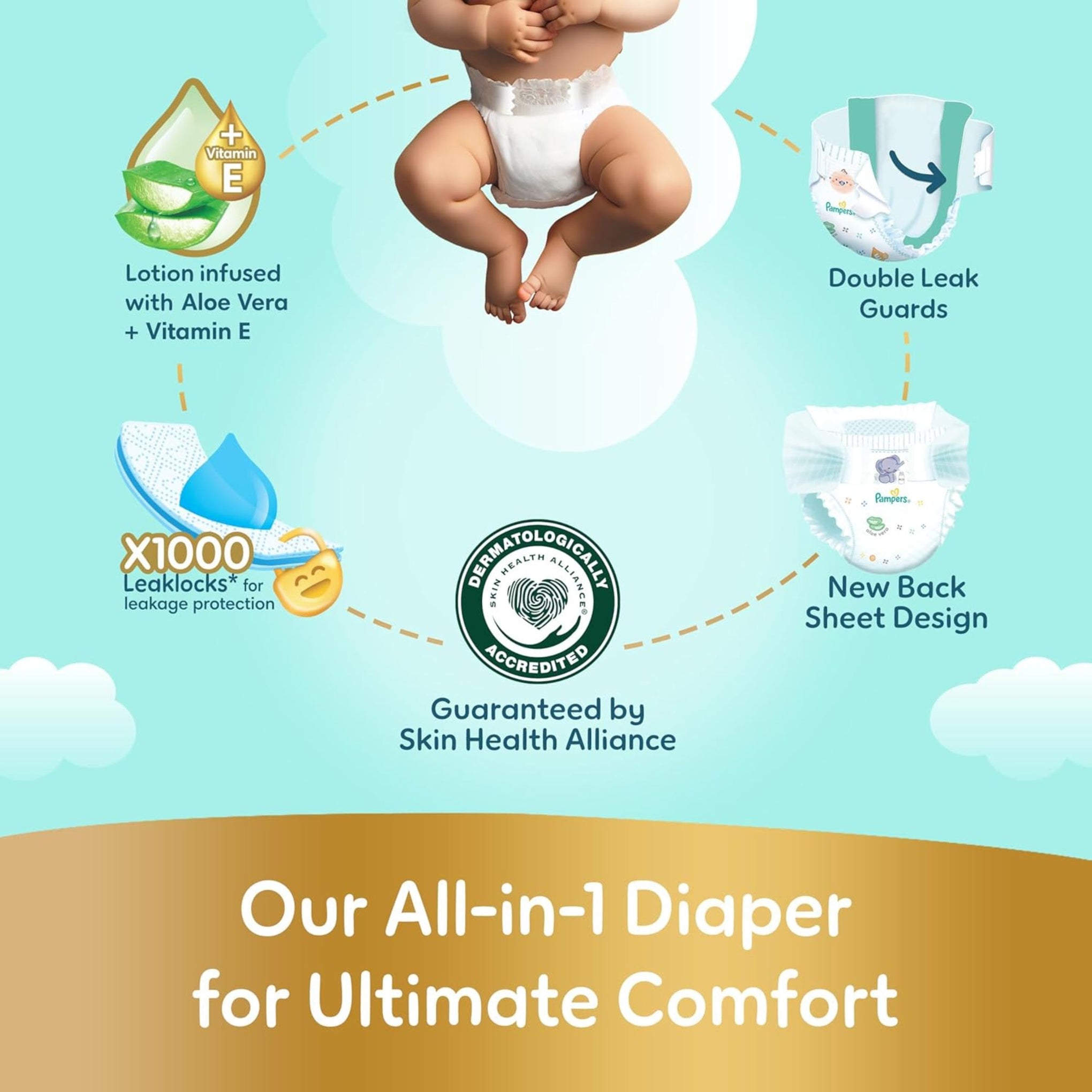 Pampers Ultimate Comfort Taped Diapers, Size 3, 6-10kg, Lotion infused with Aloe Vera and Vitamin E, x1000 Leak Locks Technology for Leakage Protection, Mega Pack, 62 Count
