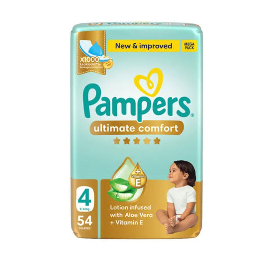 Pampers Ultimate Comfort Taped Diapers, Size 4, 9-14kg, Lotion infused with Aloe Vera and Vitamin E, x1000 Leak Locks Technology for Leakage Protection, Giga Box, 54 Count