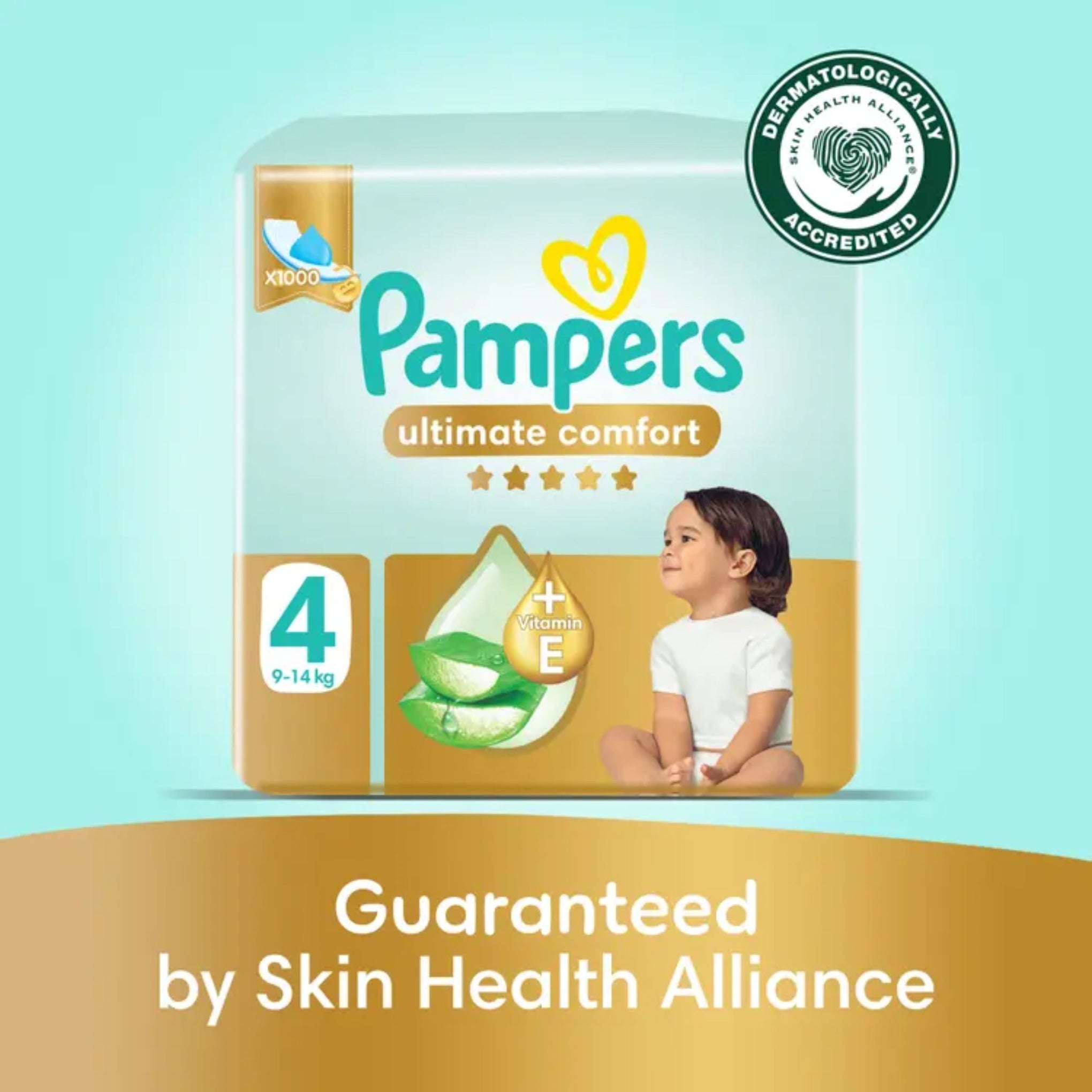 Pampers Ultimate Comfort Taped Diapers, Size 4, 9-14kg, Lotion infused with Aloe Vera and Vitamin E, x1000 Leak Locks Technology for Leakage Protection, Giga Box, 54 Count