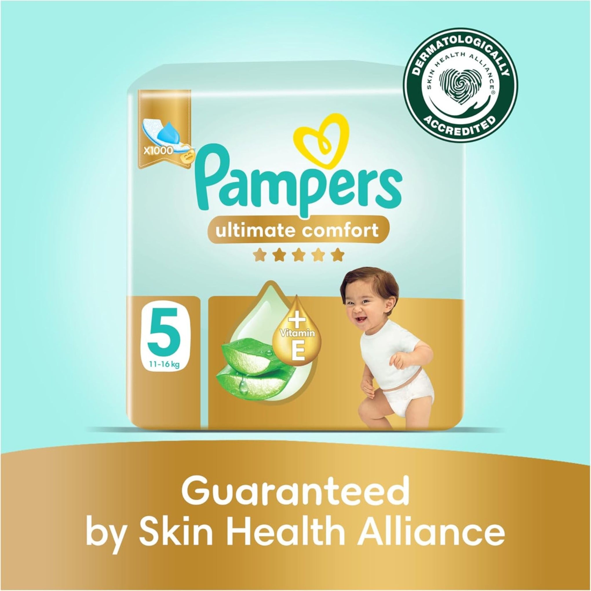 Pampers Ultimate Comfort Taped Diapers, Size 5, 11-16kg, Lotion infused with Aloe Vera and Vitamin E, x1000 Leak Locks Technology for Leakage Protection ,46  DIAPERS
