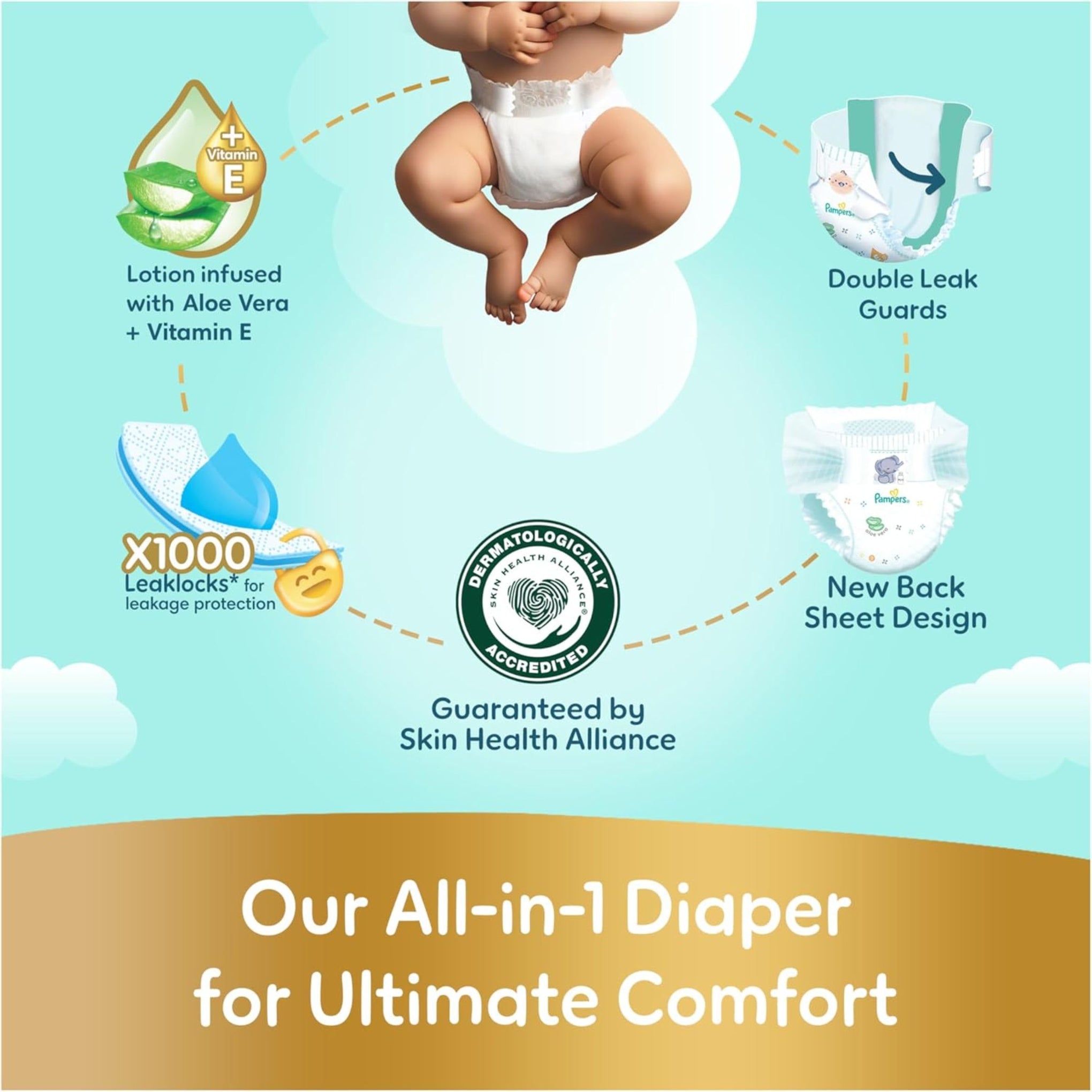 Pampers Ultimate Comfort Taped Diapers, Size 5, 11-16kg, Lotion infused with Aloe Vera and Vitamin E, x1000 Leak Locks Technology for Leakage Protection ,46  DIAPERS