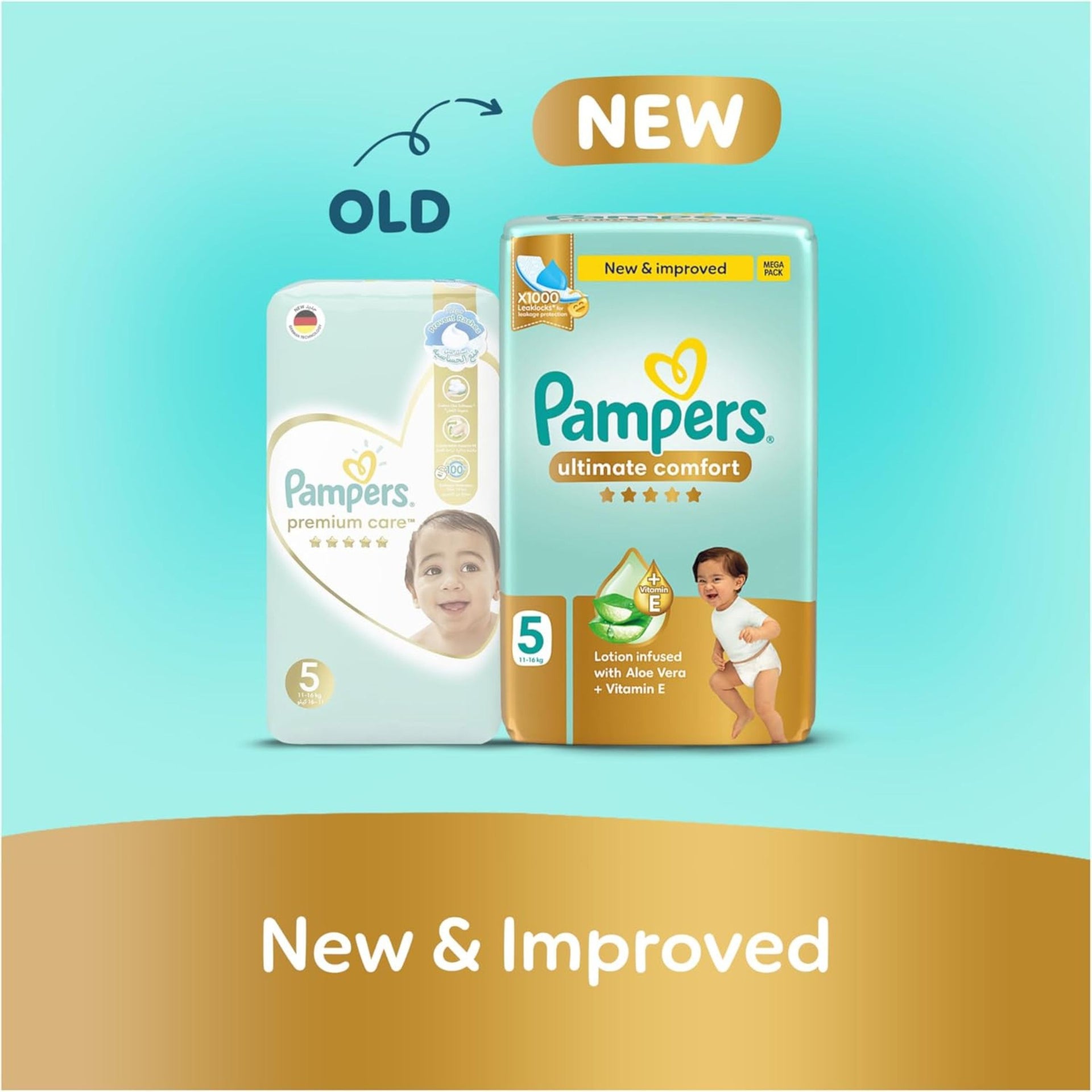 Pampers Ultimate Comfort Taped Diapers, Size 5, 11-16kg, Lotion infused with Aloe Vera and Vitamin E, x1000 Leak Locks Technology for Leakage Protection ,46  DIAPERS