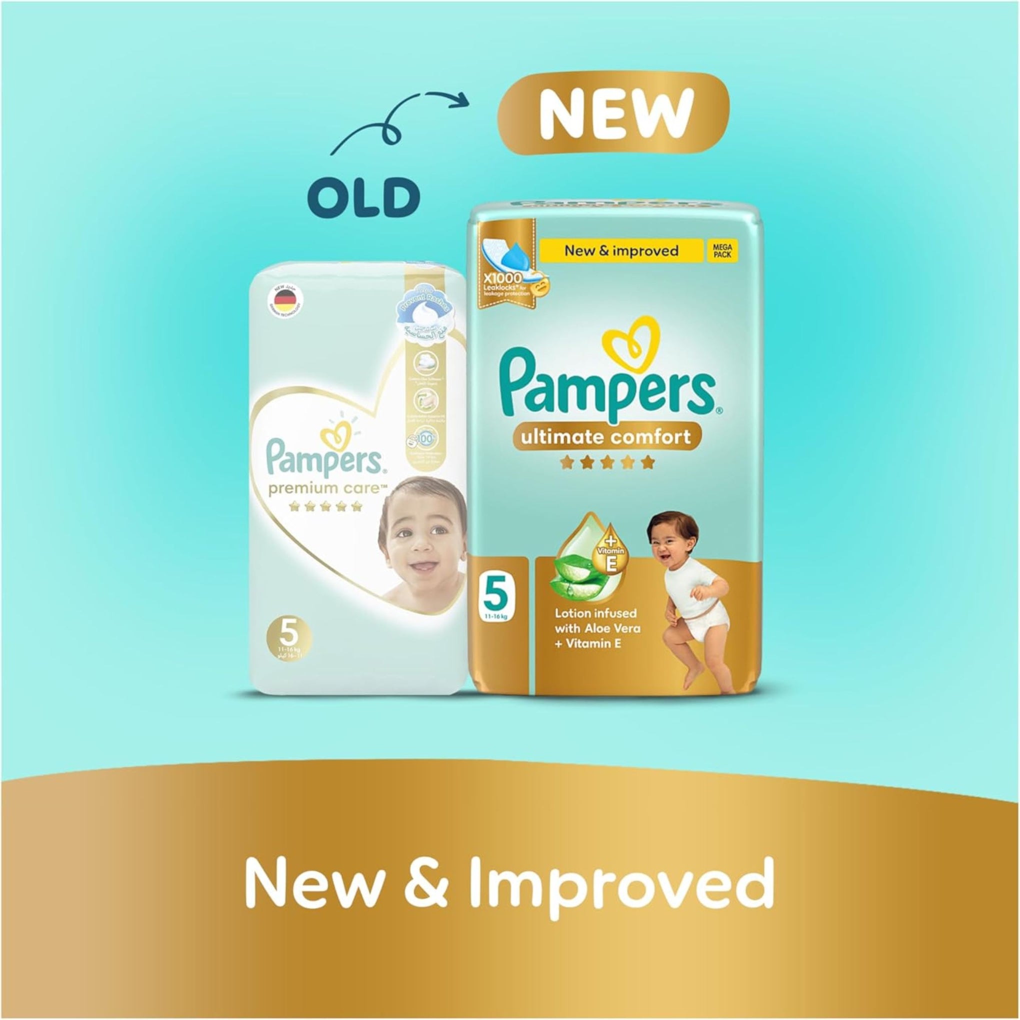 Pampers Ultimate Comfort Taped Diapers, Size 5, 11-16kg, Lotion infused with Aloe Vera and Vitamin E, x1000 Leak Locks Technology for Leakage Protection ,46  DIAPERS