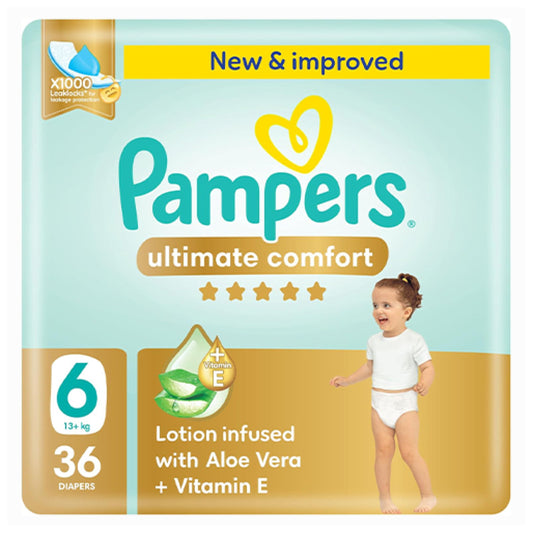 Pampers Ultimate Comfort Taped Diapers, Size 6, 13+kg, Lotion infused with Aloe Vera and Vitamin E, x1000 Leak Locks Technology for Leakage Protection, 36 Count