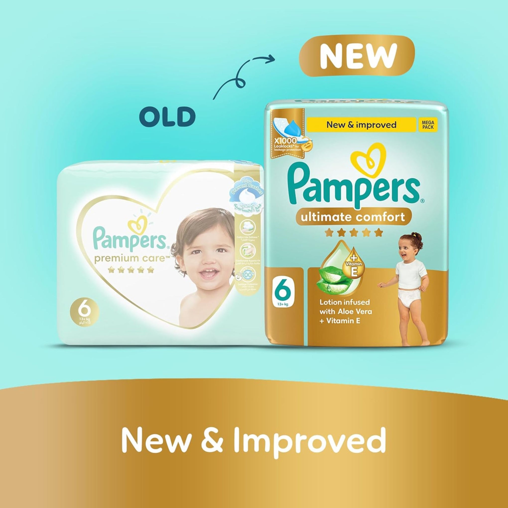 Pampers Ultimate Comfort Taped Diapers, Size 6, 13+kg, Lotion infused with Aloe Vera and Vitamin E, x1000 Leak Locks Technology for Leakage Protection, 36 Count