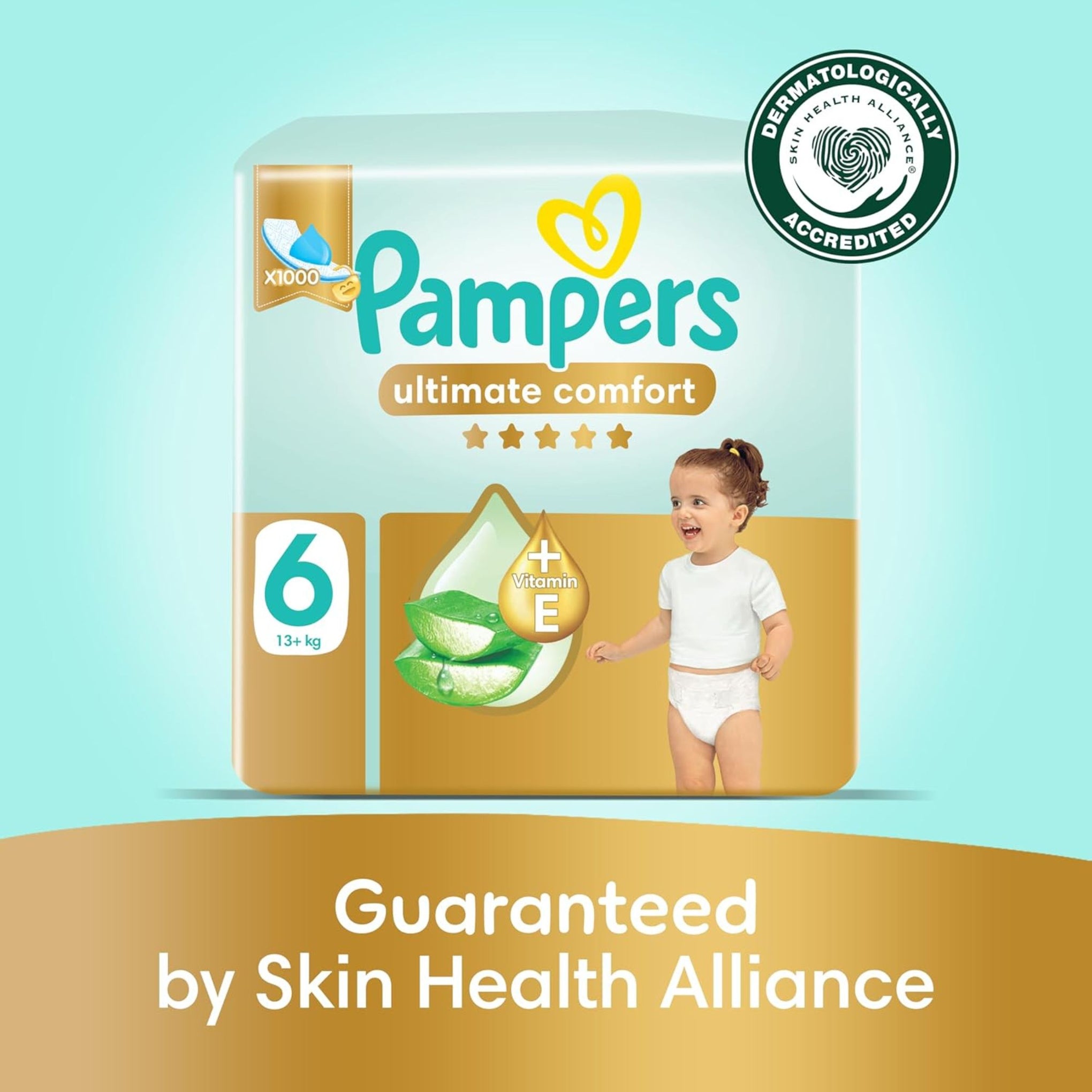 Pampers Ultimate Comfort Taped Diapers, Size 6, 13+kg, Lotion infused with Aloe Vera and Vitamin E, x1000 Leak Locks Technology for Leakage Protection, 36 Count