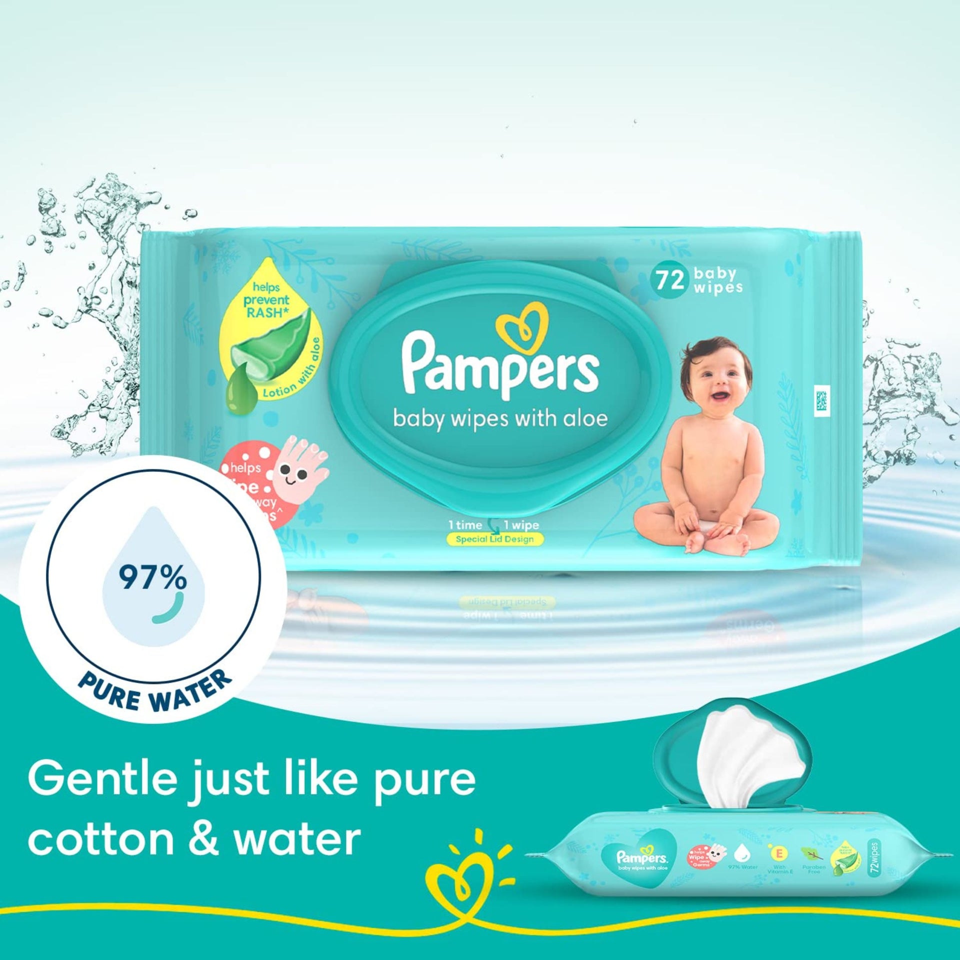 Pampers Baby Gentle Wet Wipes with Lid 72 Count (Pack of 1) | with Aloe Vera and Vitamin E | 97% Pure Water | Paraben free