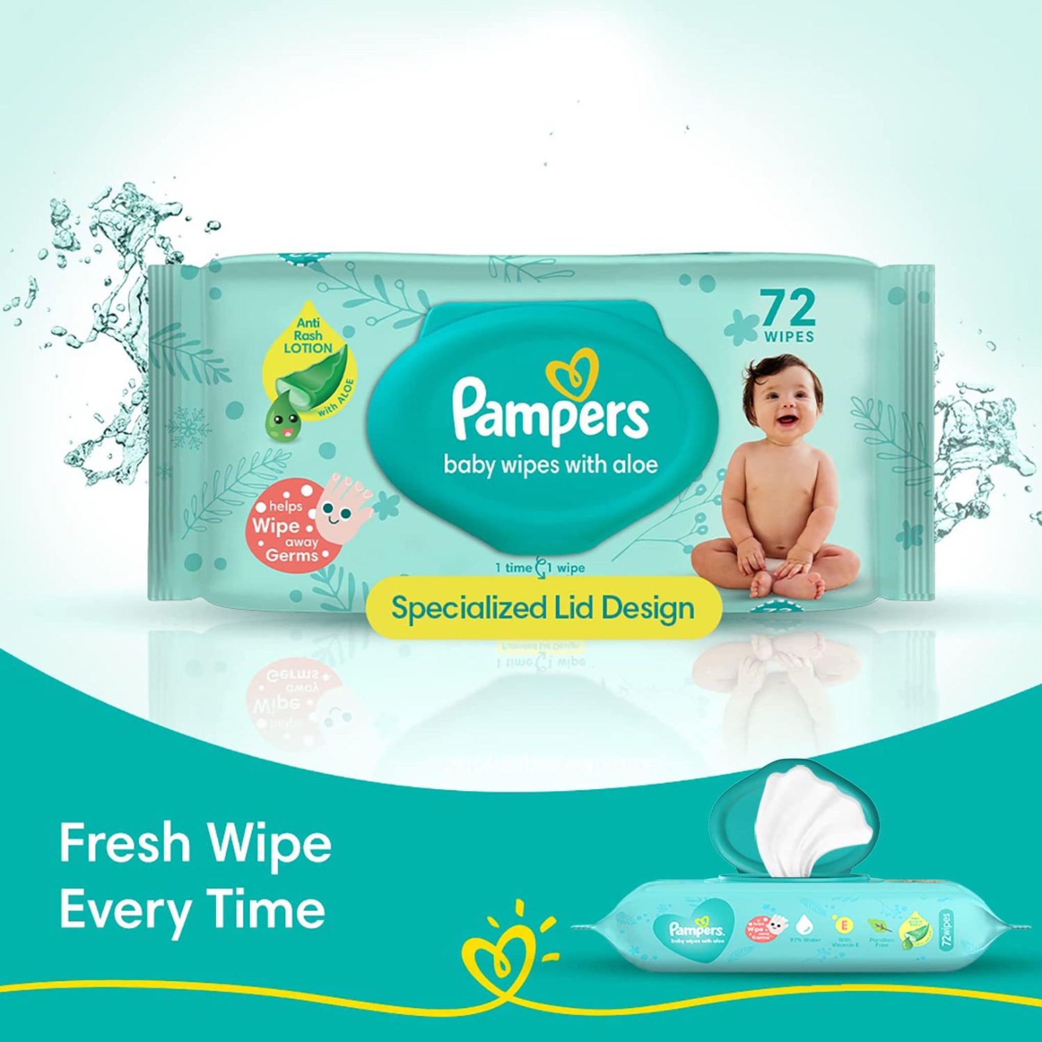 Pampers Baby Gentle Wet Wipes with Lid 72 Count (Pack of 1) | with Aloe Vera and Vitamin E | 97% Pure Water | Paraben free