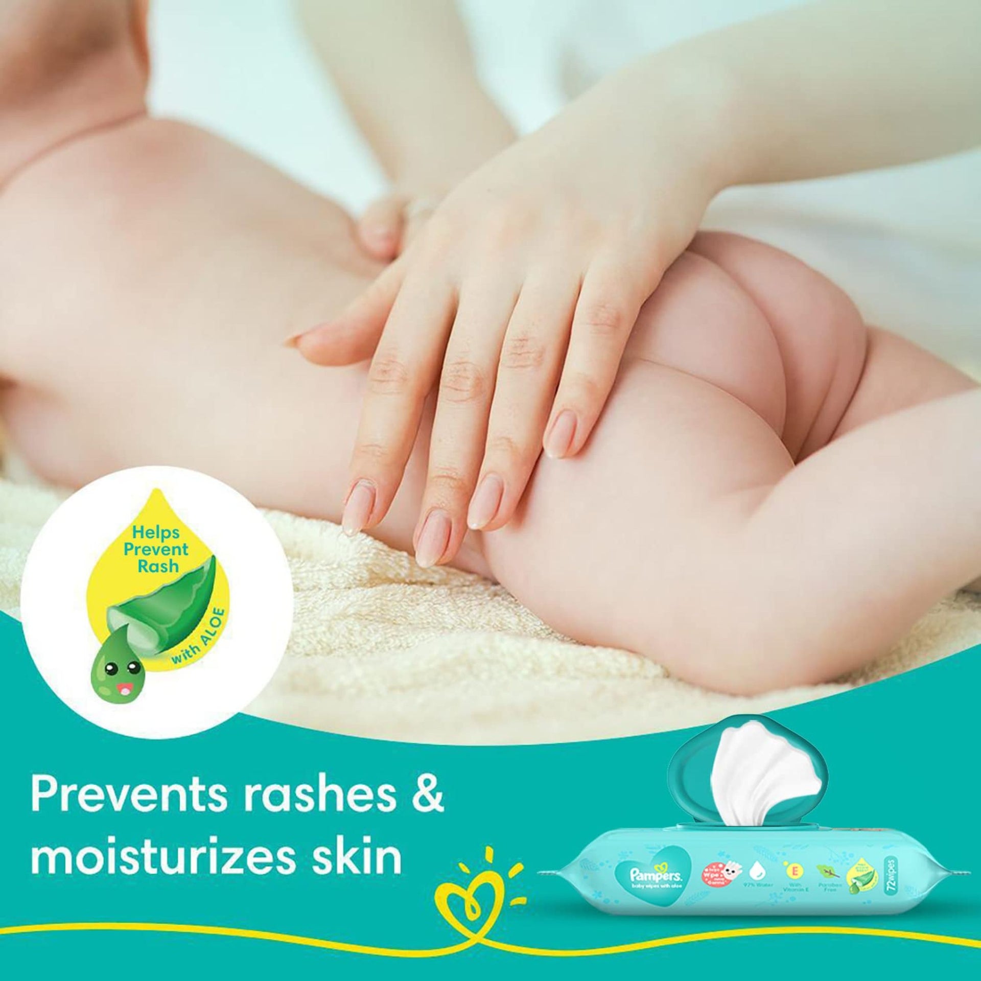 Pampers Baby Gentle Wet Wipes with Lid 72 Count (Pack of 1) | with Aloe Vera and Vitamin E | 97% Pure Water | Paraben free