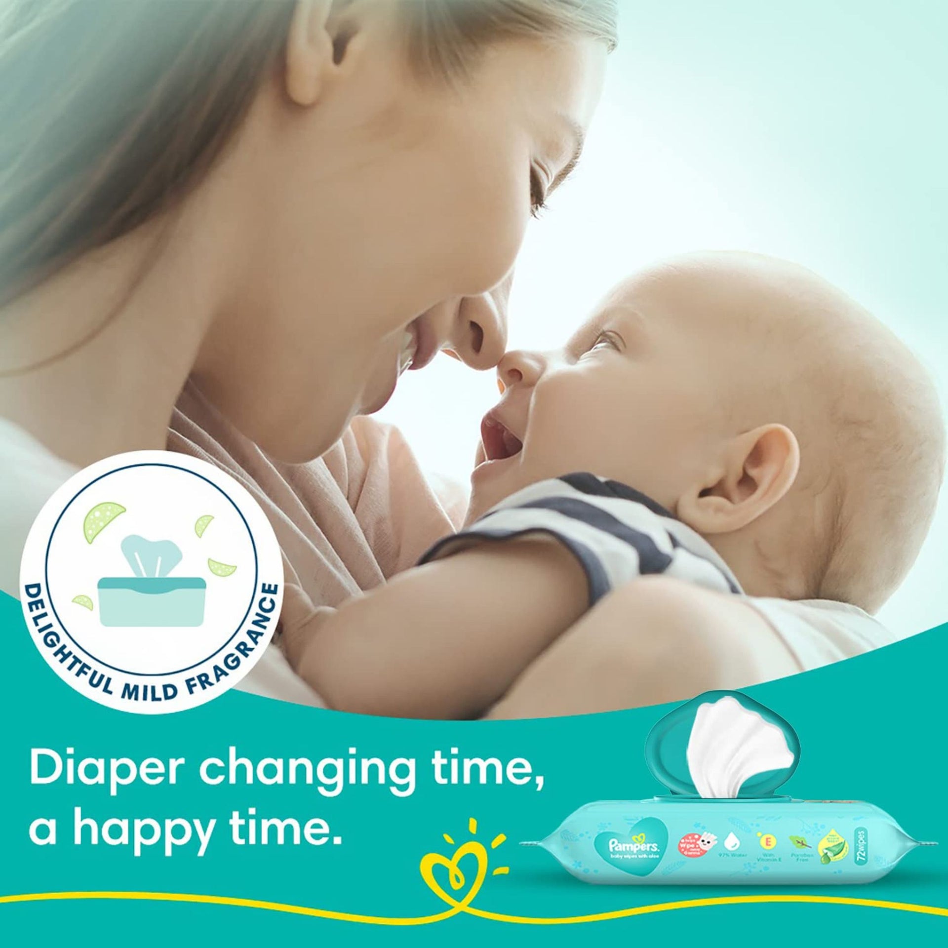 Pampers Baby Gentle Wet Wipes with Lid 72 Count (Pack of 1) | with Aloe Vera and Vitamin E | 97% Pure Water | Paraben free
