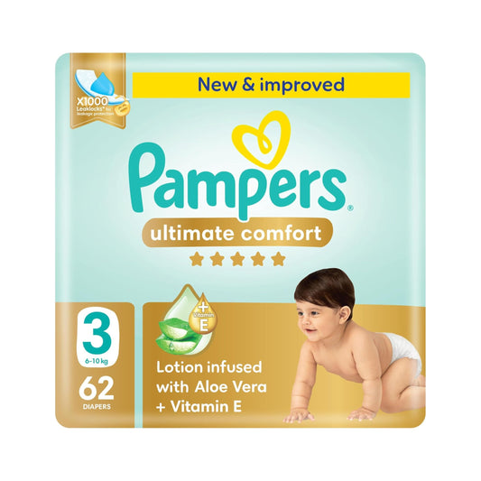 Pampers Ultimate Comfort Taped Diapers, Size 3, 6-10kg, Lotion infused with Aloe Vera and Vitamin E, x1000 Leak Locks Technology for Leakage Protection, Mega Pack, 62 Count