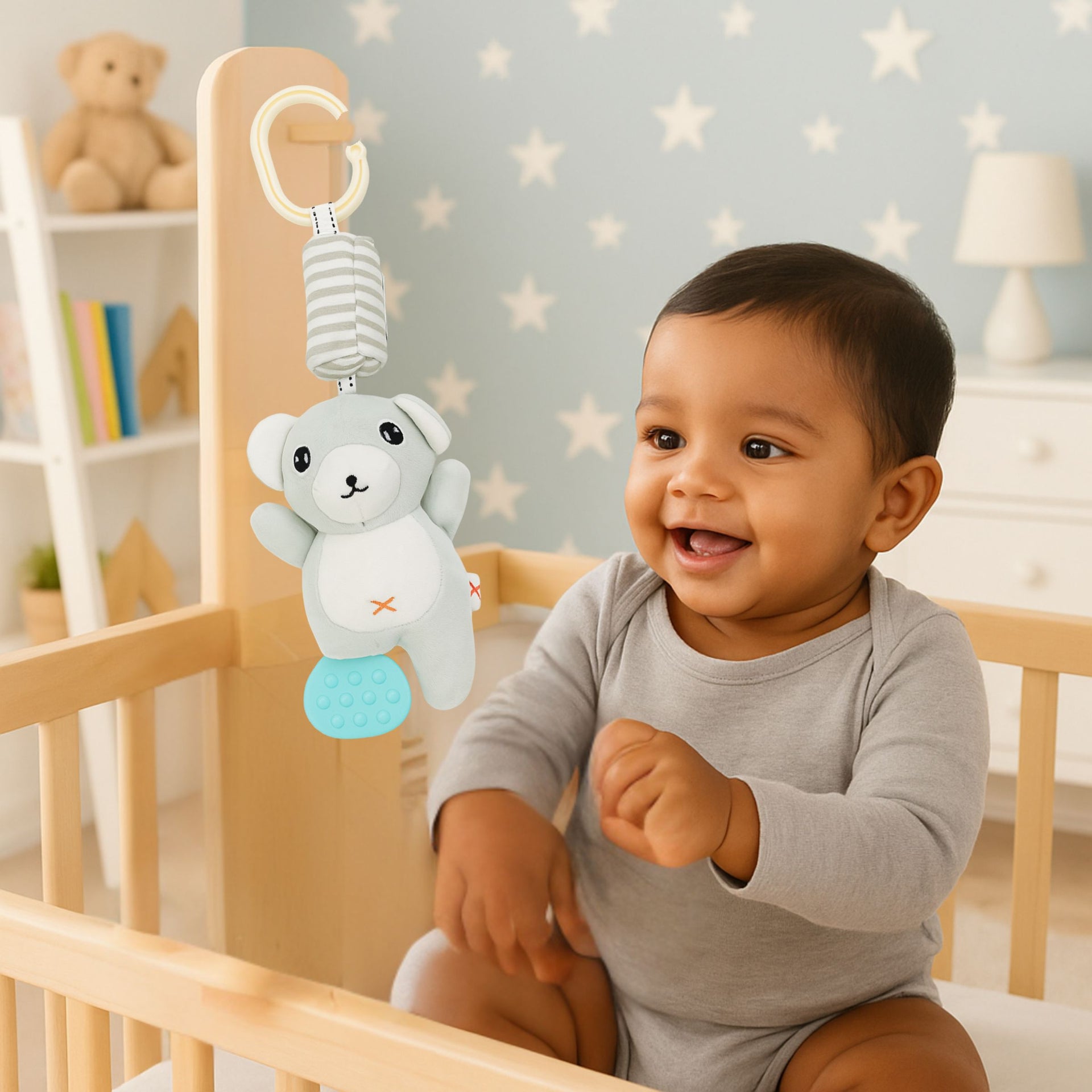 Smile Baby Hanging Bear Plush Toy – With Teether & Clip | Soft & Safe | Cradle, Stroller, Car Seat – 0+ Months