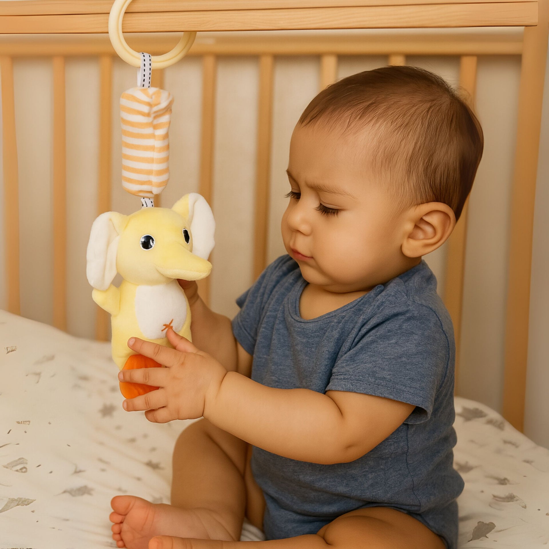 Smile Baby Hanging Elephant Plush Toy with Teether – Soft Yellow | Crib, Stroller & Car Seat Hanging Rattle | 0-12 Months