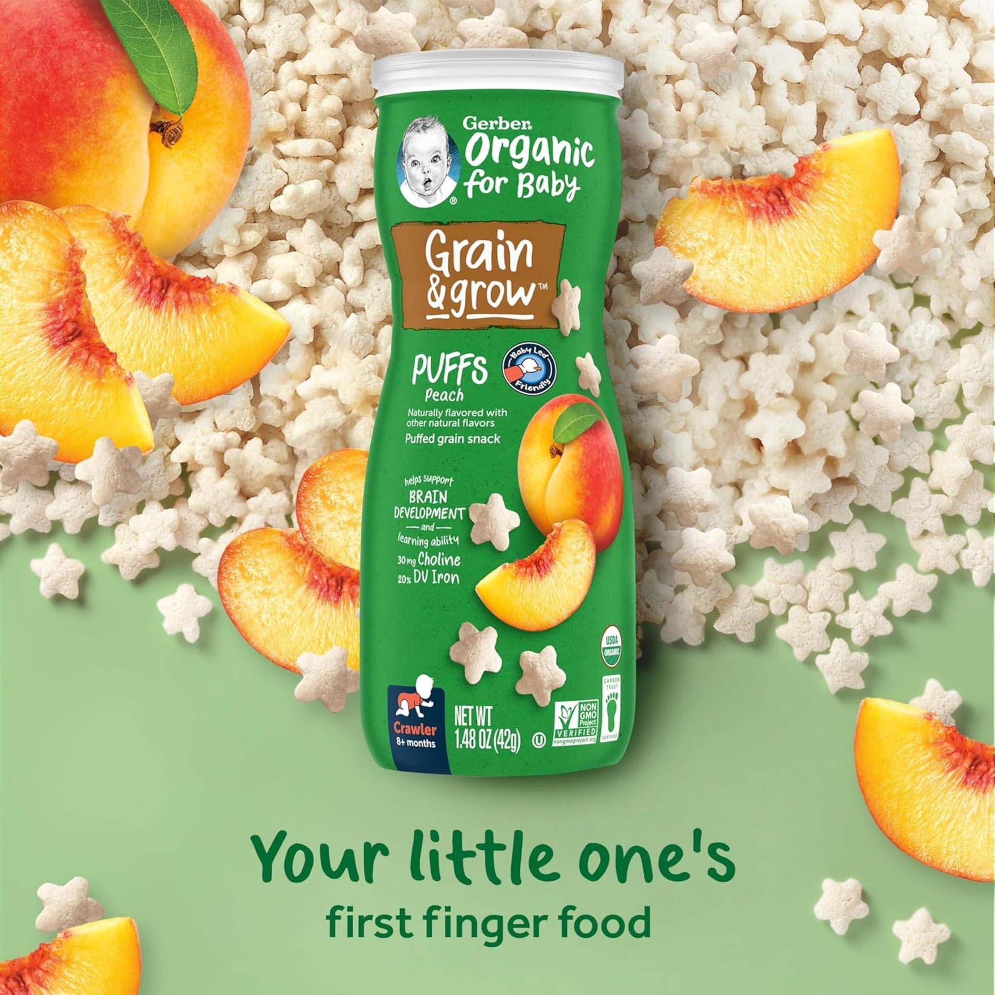 Gerber Baby Snacks, Organic Puffs, Peach, Baby Food, 1.48 OZ (42G)