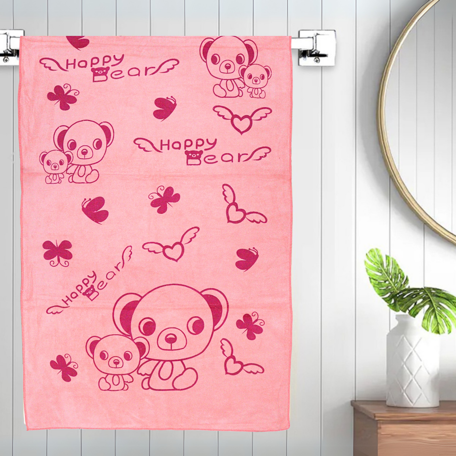 Smile Baby Kids Bath Towel For Girls Boys | Soft Premium Microfiber Quick Drying Towels for Unisex Kids | Cartoon Print Wash Dry Cloth Towel For Babies Toddlers, Pack Of 1, 70 x 140 CM, Happy Bear